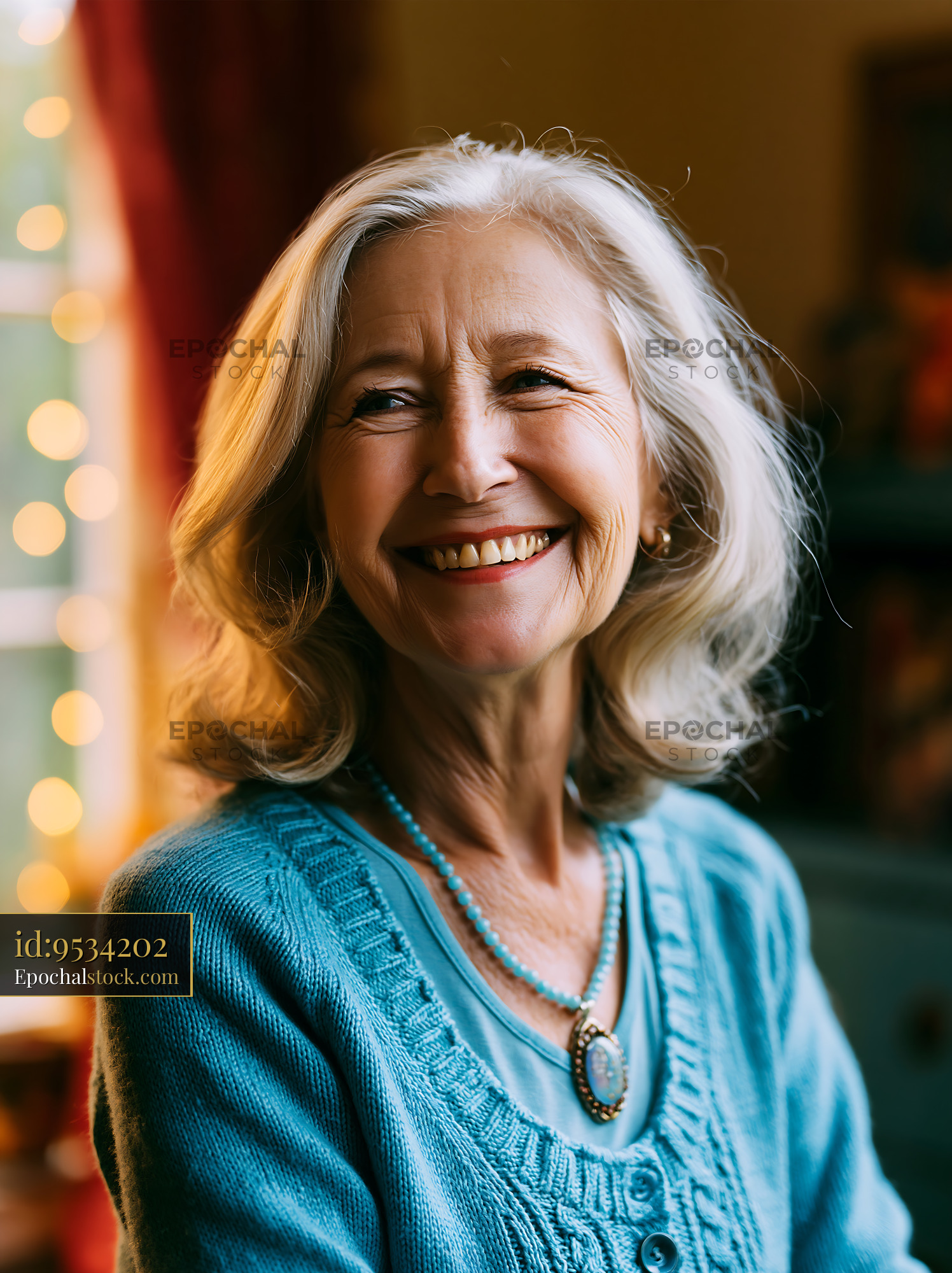 Watermarked full-resolution preview of Smiling woman with gray hair in cozy indoor setting