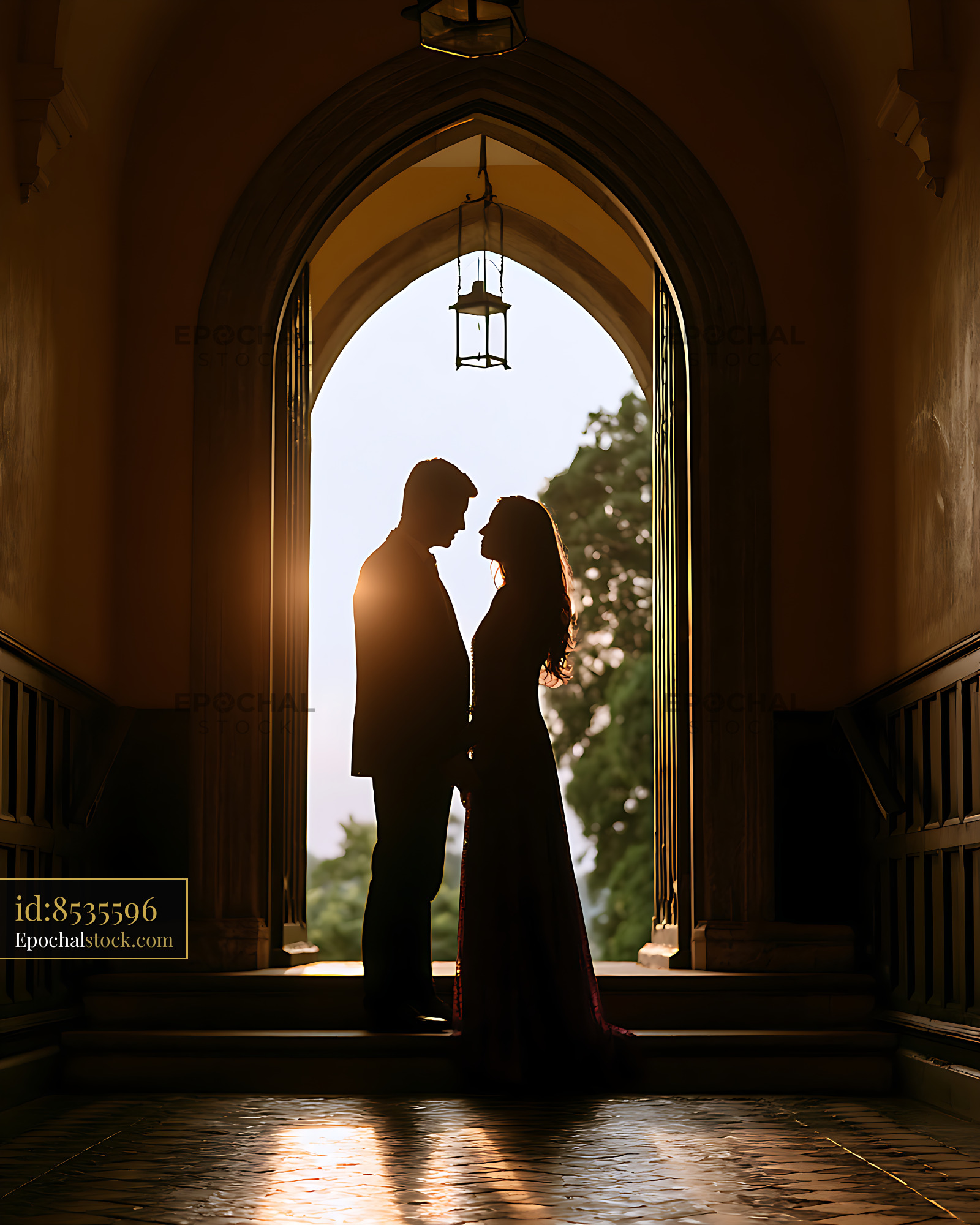 Watermarked full-resolution preview of Romantic couple silhouetted in a sunlit archway