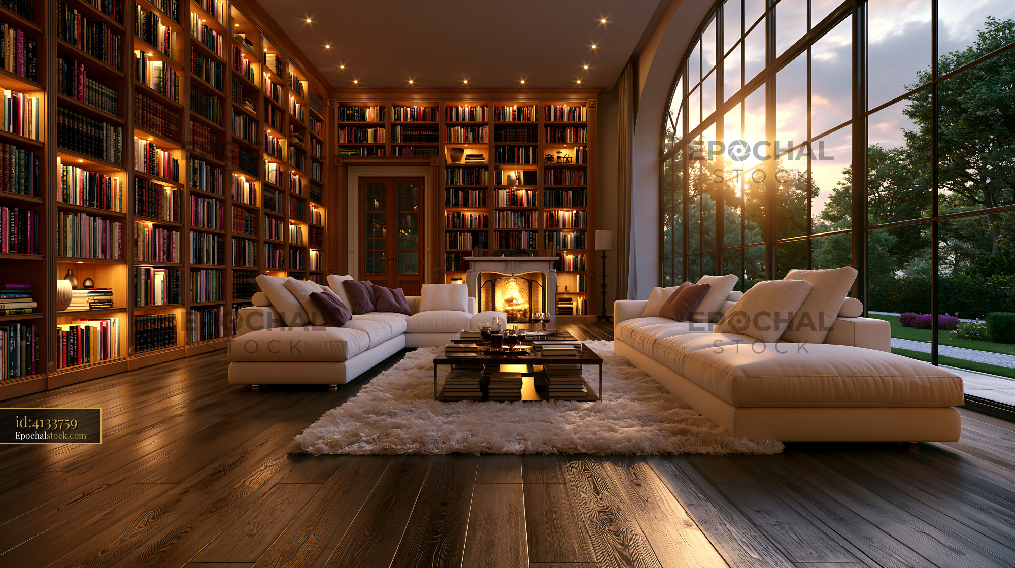 Watermarked full-resolution preview of Cozy living room with large windows and a fireplace at sunset
