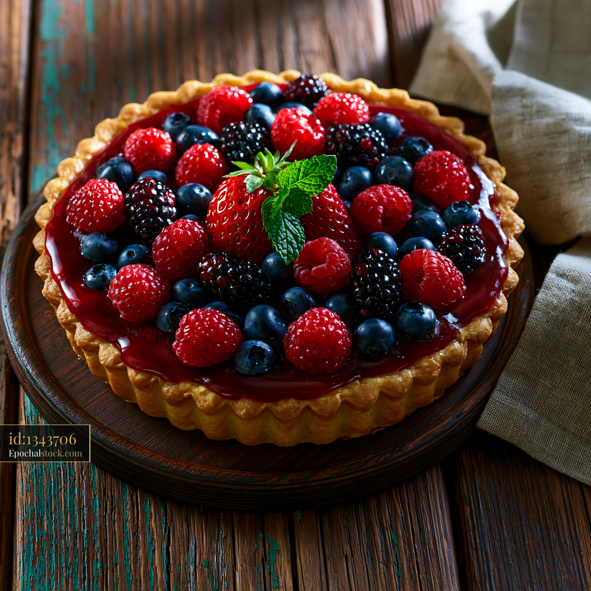 Watermarked full-resolution preview of Berry tart with fresh fruits on wooden table