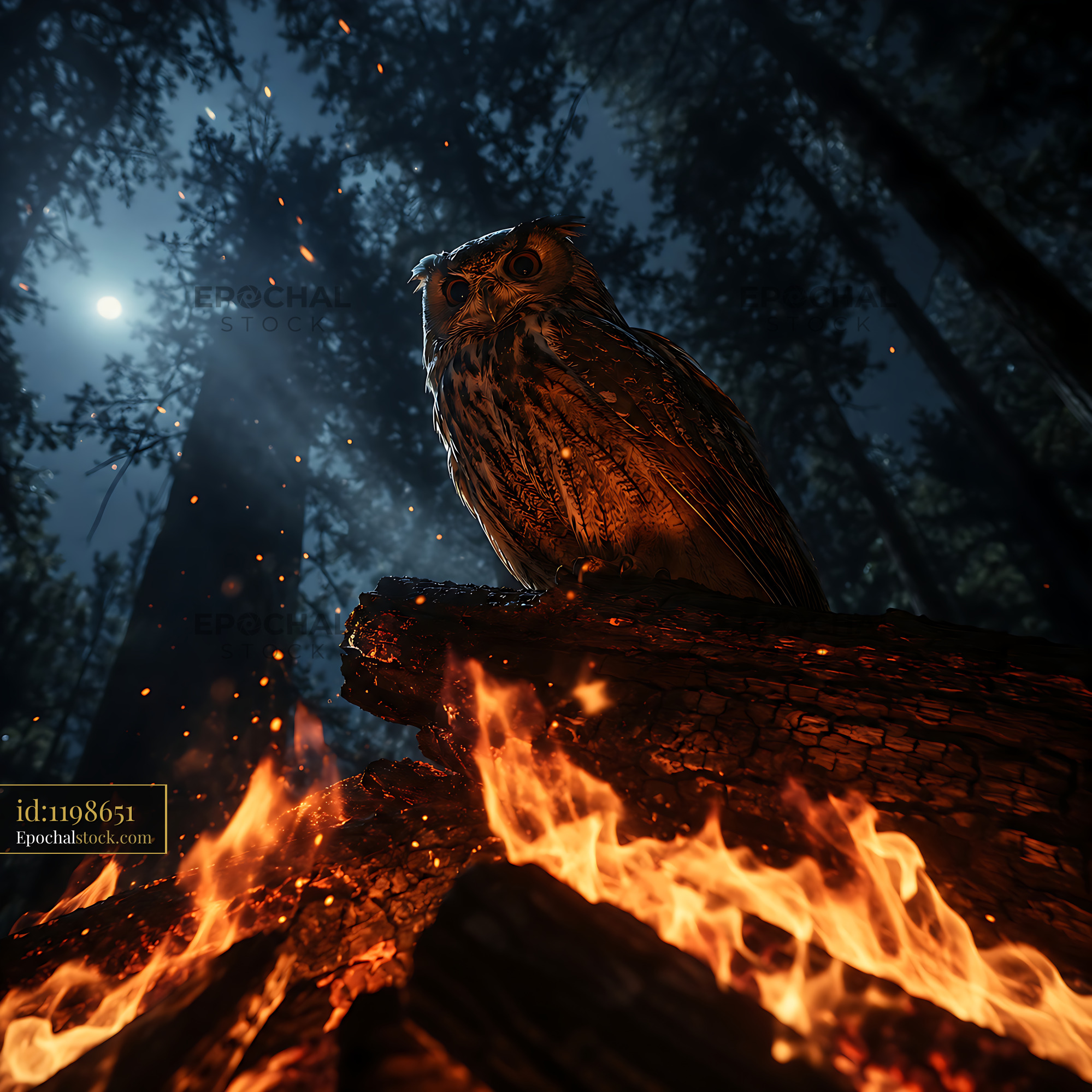 Watermarked full-resolution preview of Owl perched near a campfire in a dark forest at night