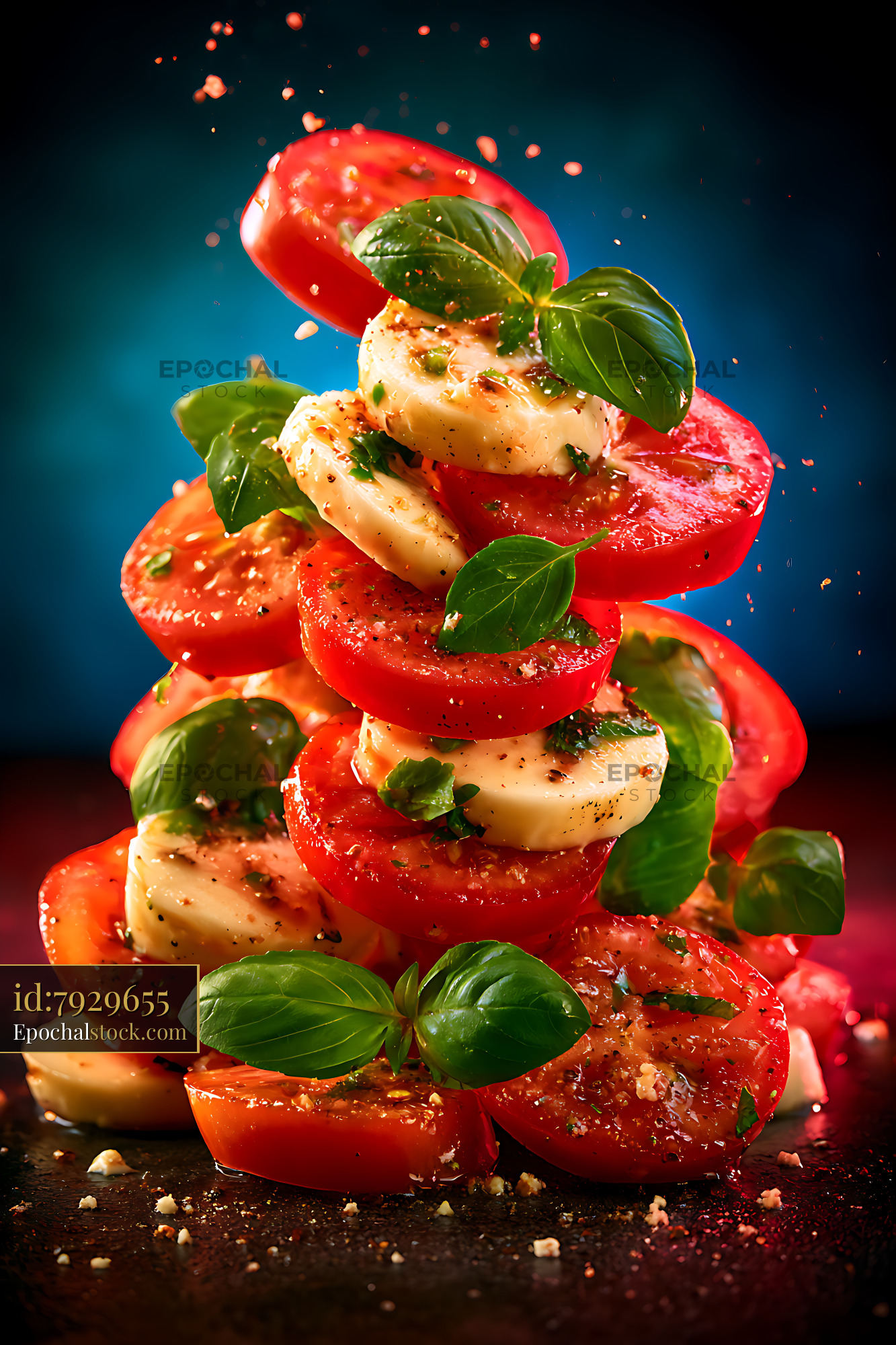 Watermarked full-resolution preview of Tomato and mozzarella stack with fresh basil