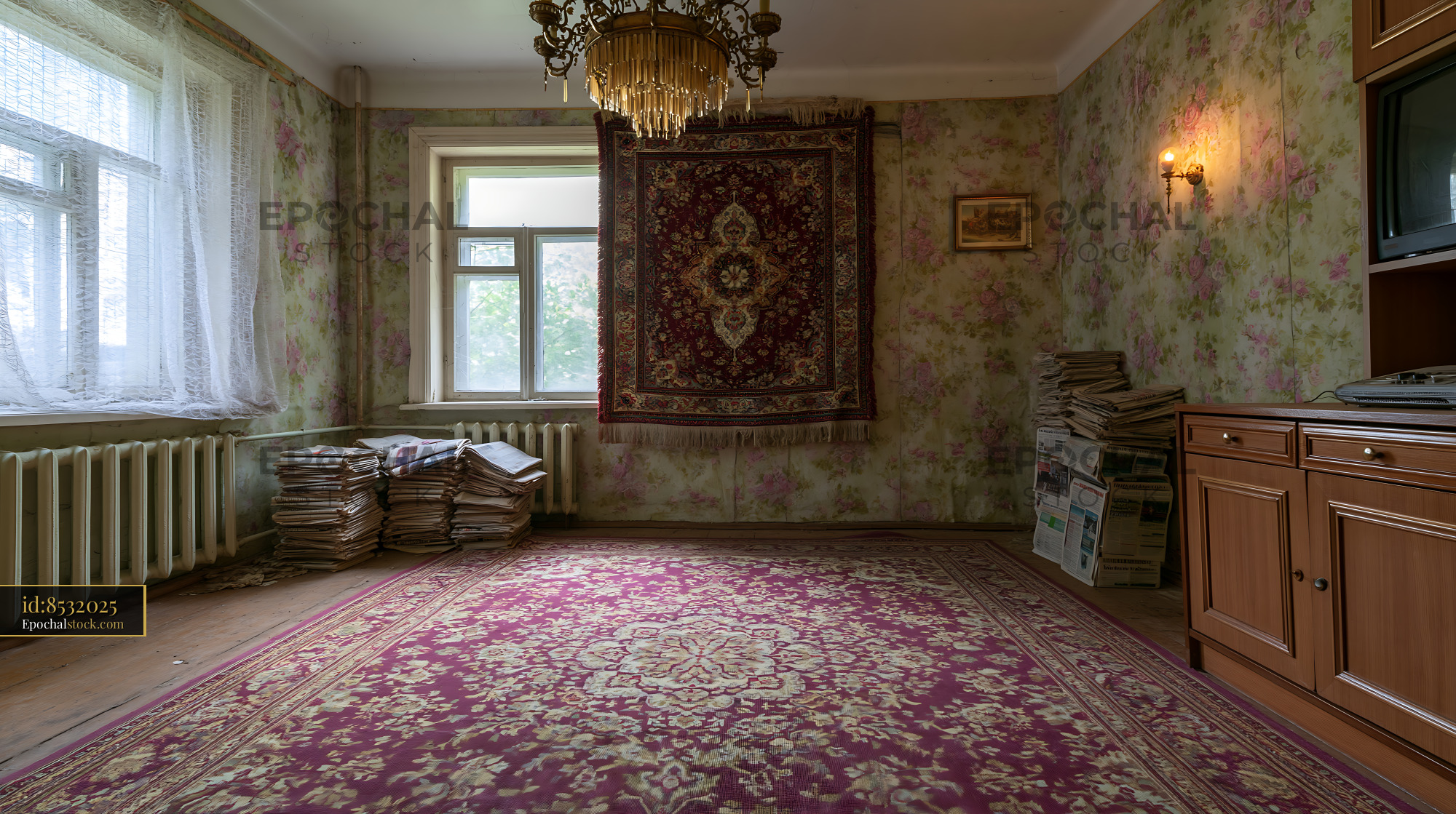 Watermarked full-resolution preview of Old room with vintage decor and cluttered newspapers