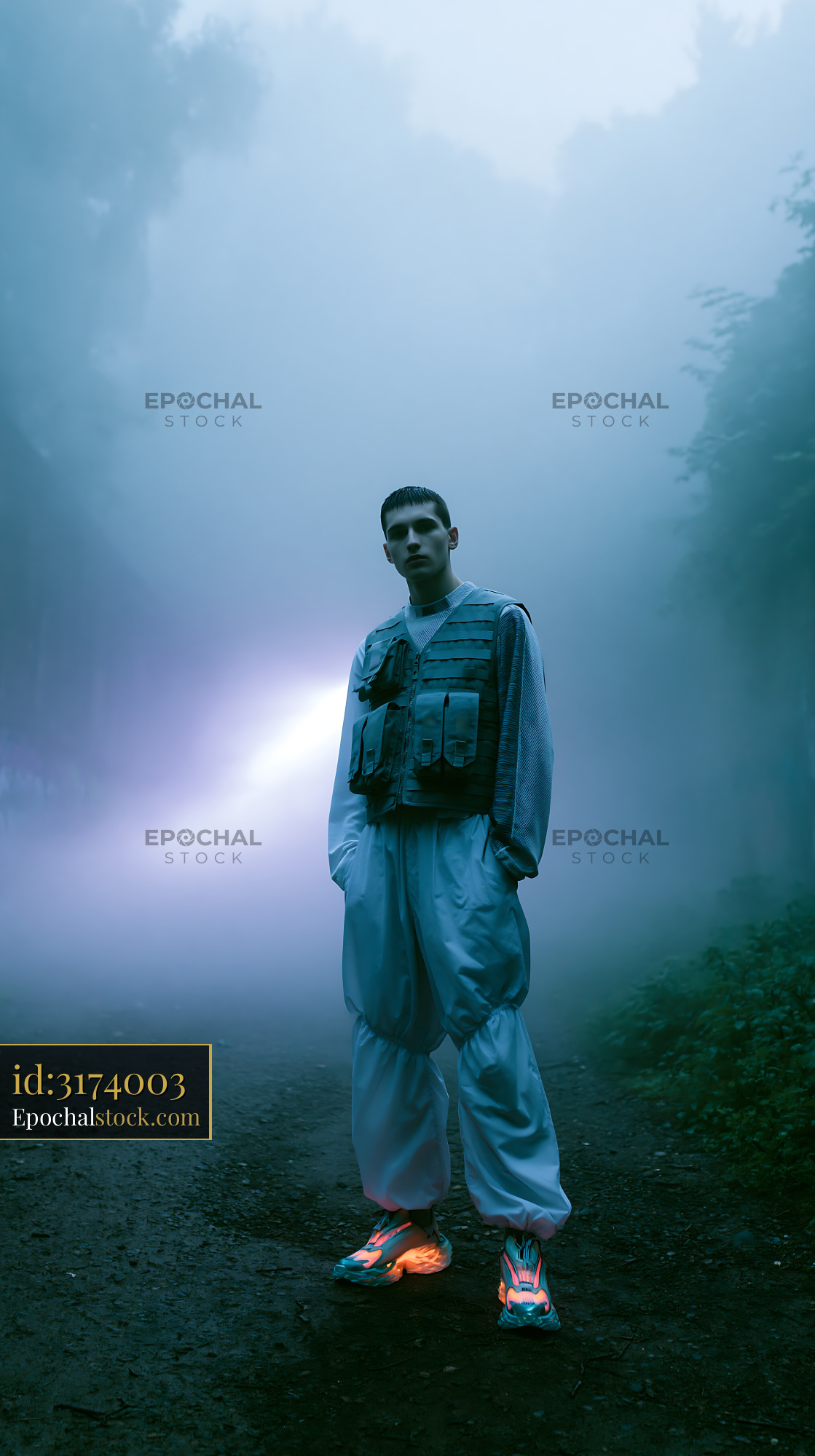 Watermarked full-resolution preview of Man standing on a foggy road wearing a vest and pants