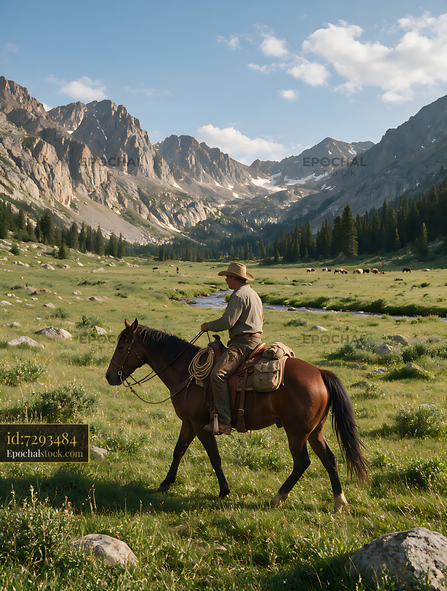 Watermarked full-resolution preview of Rider on horseback in a scenic alpine meadow