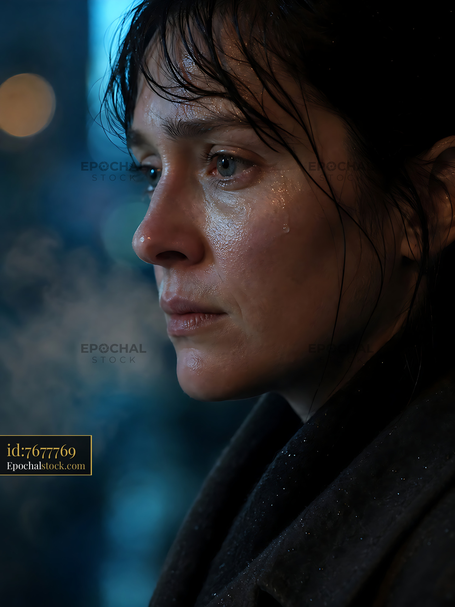 Woman With Wet Hair Stands by Window Looking out at Night - stock photo