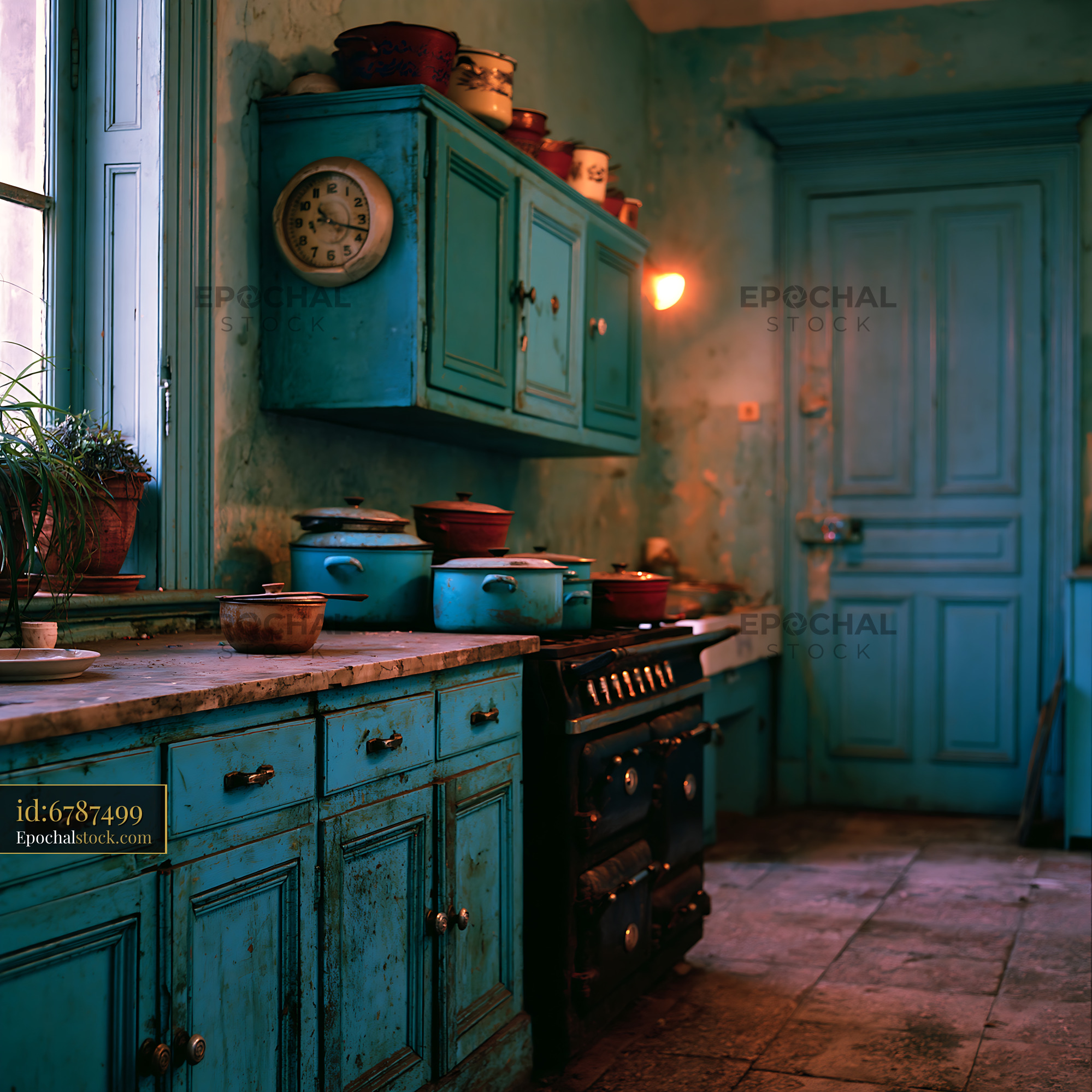 Watermarked full-resolution preview of Old kitchen with blue cabinets and vintage cooking equipment