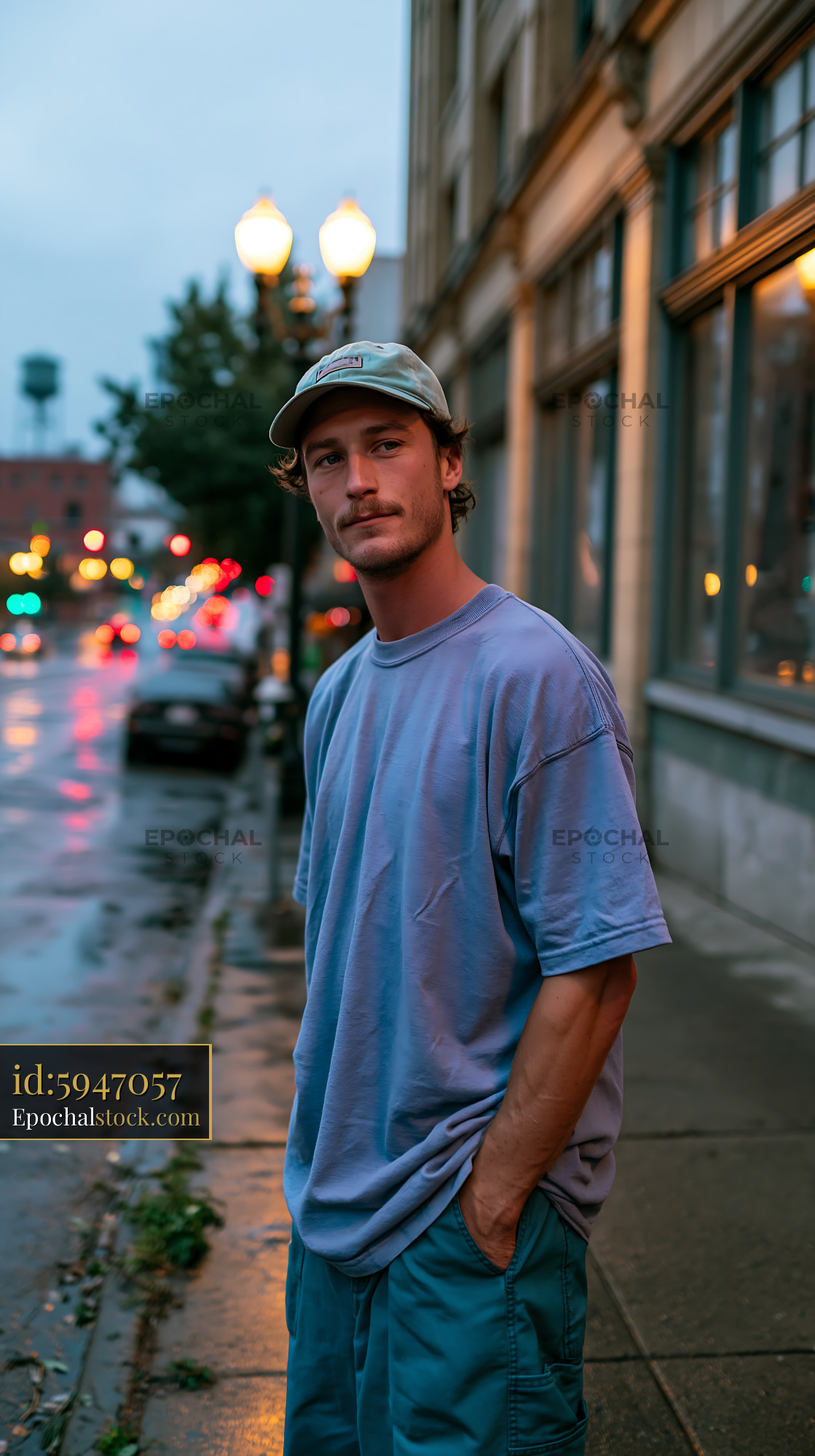 Watermarked full-resolution preview of Young man standing on city sidewalk during evening