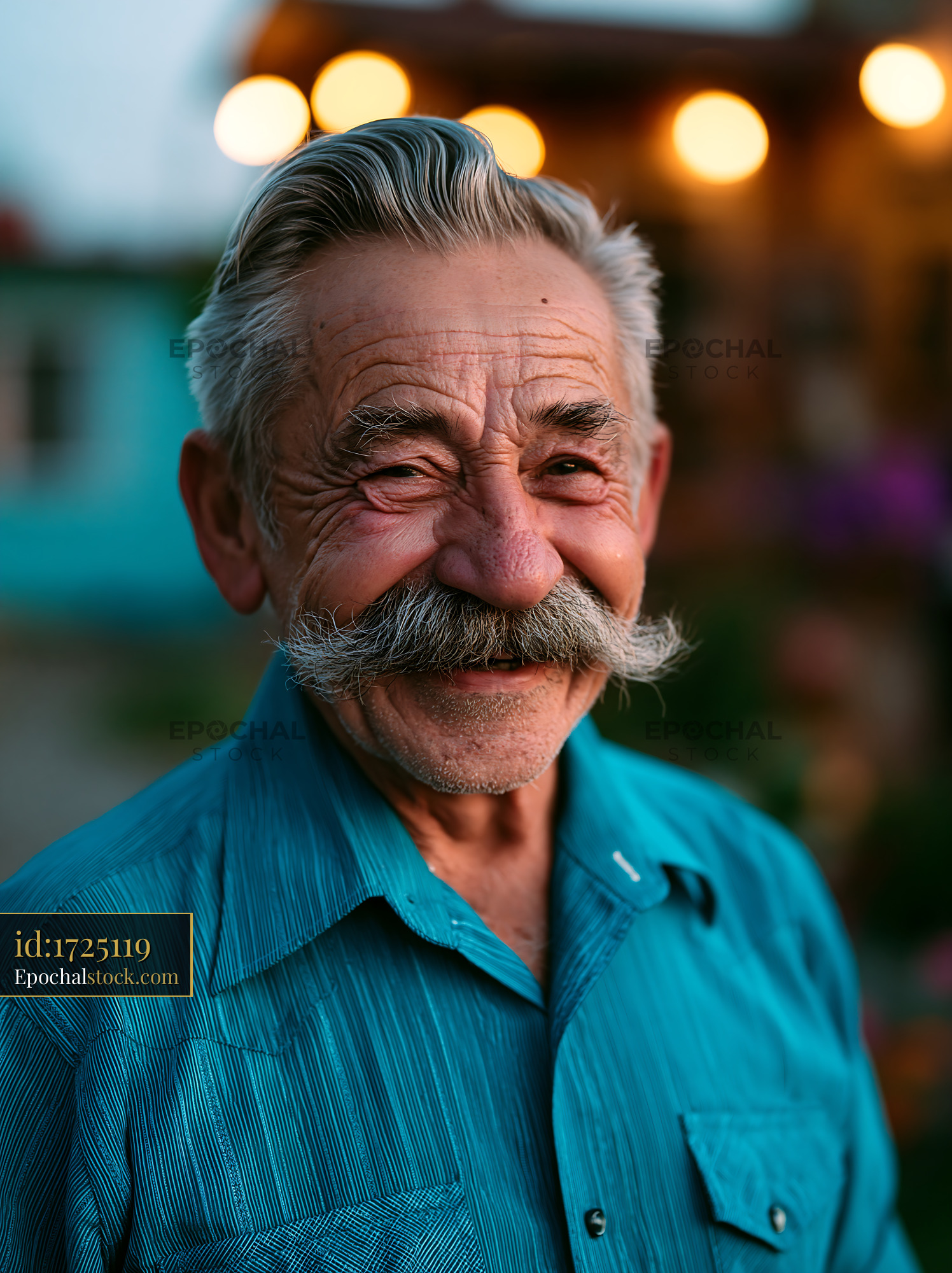 Elderly Man Smiles While Surrounded by Warm Lights at Sunset - stock photo