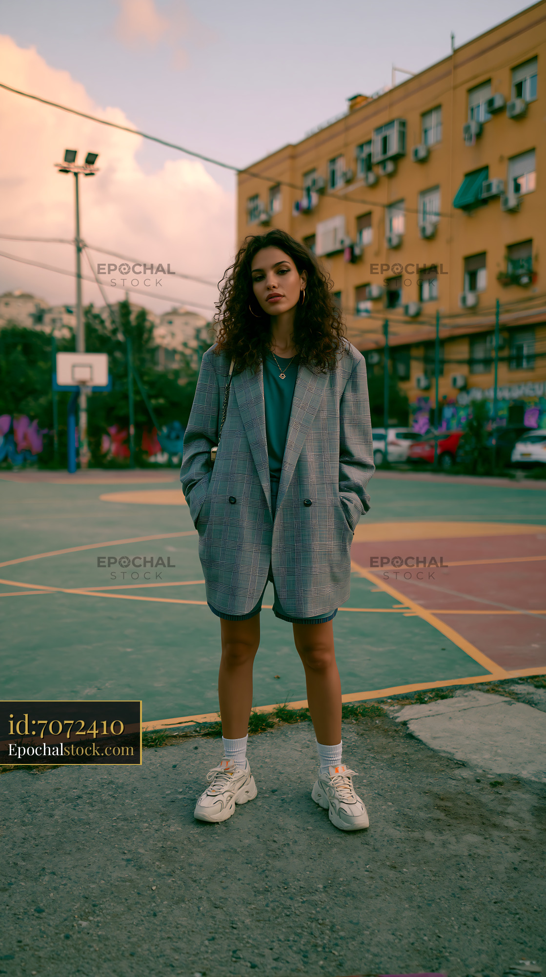 Watermarked full-resolution preview of Stylish woman posing on a city basketball court