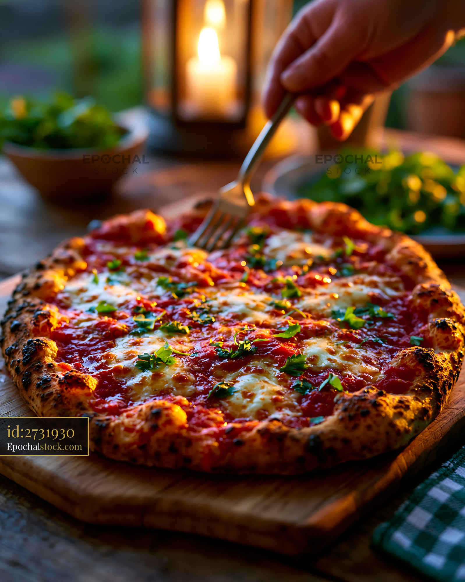 Watermarked full-resolution preview of Freshly baked pizza on a wooden board with fresh herbs