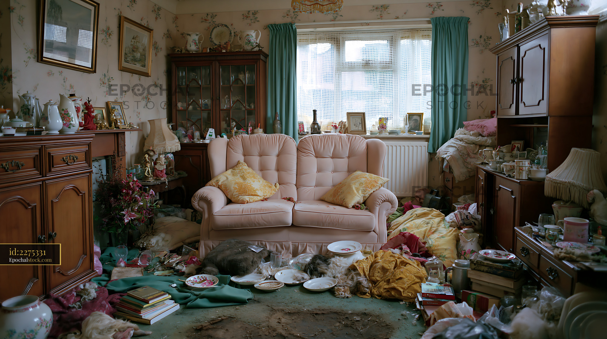 Watermarked full-resolution preview of Living room clutter with disordered furniture and items