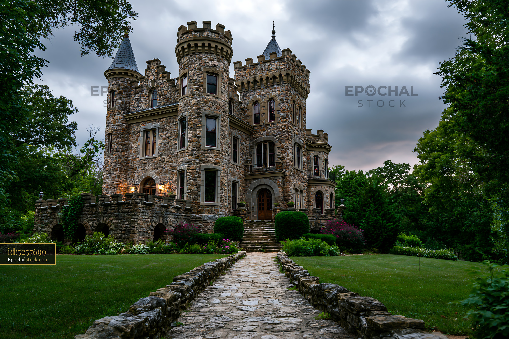 Watermarked full-resolution preview of Stone castle with towers surrounded by green trees
