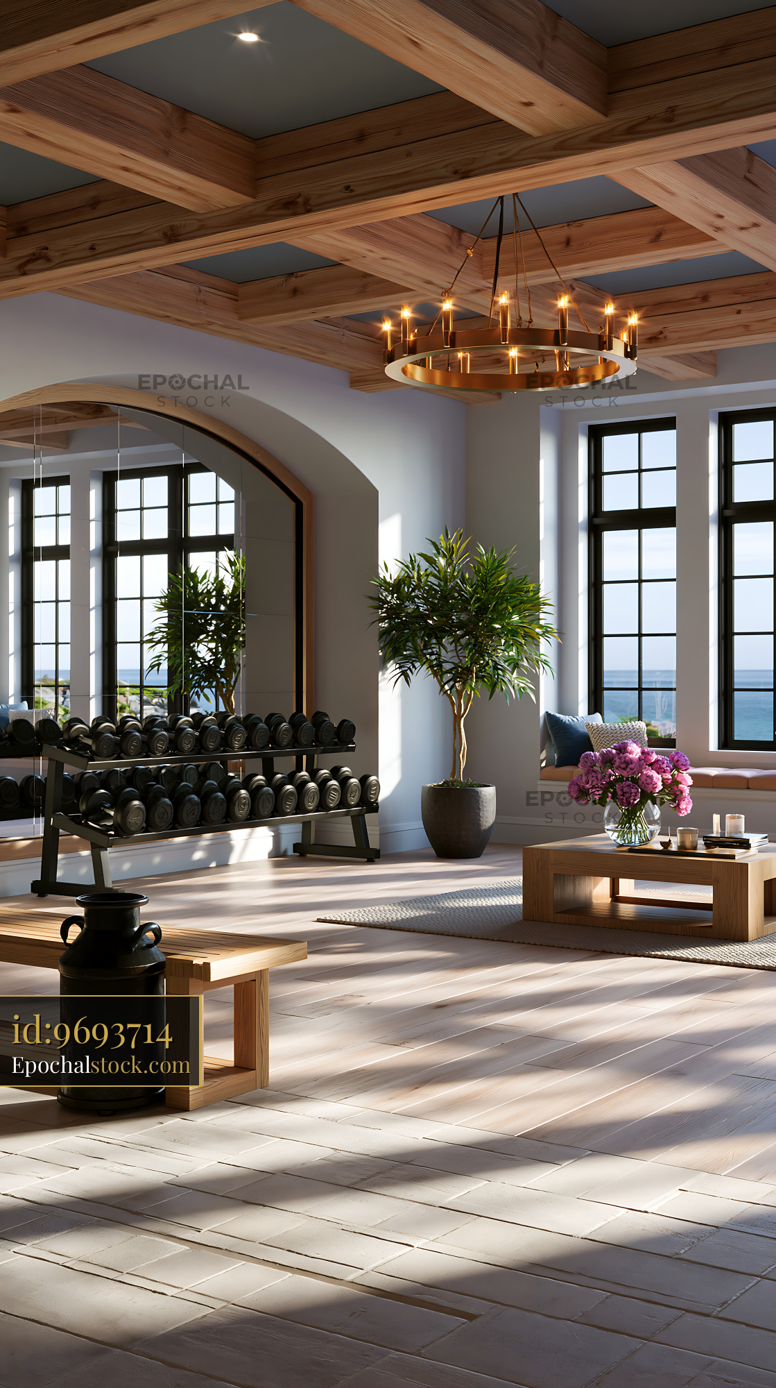 Watermarked full-resolution preview of Modern interior gym with natural light and fitness equipment