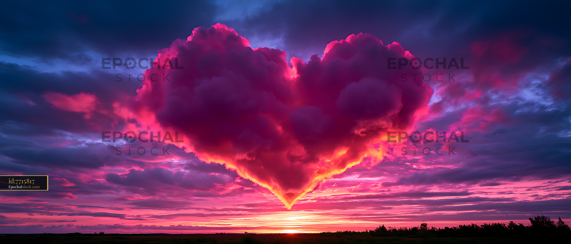 Watermarked full-resolution preview of Heart-shaped cloud glowing over the sunset landscape