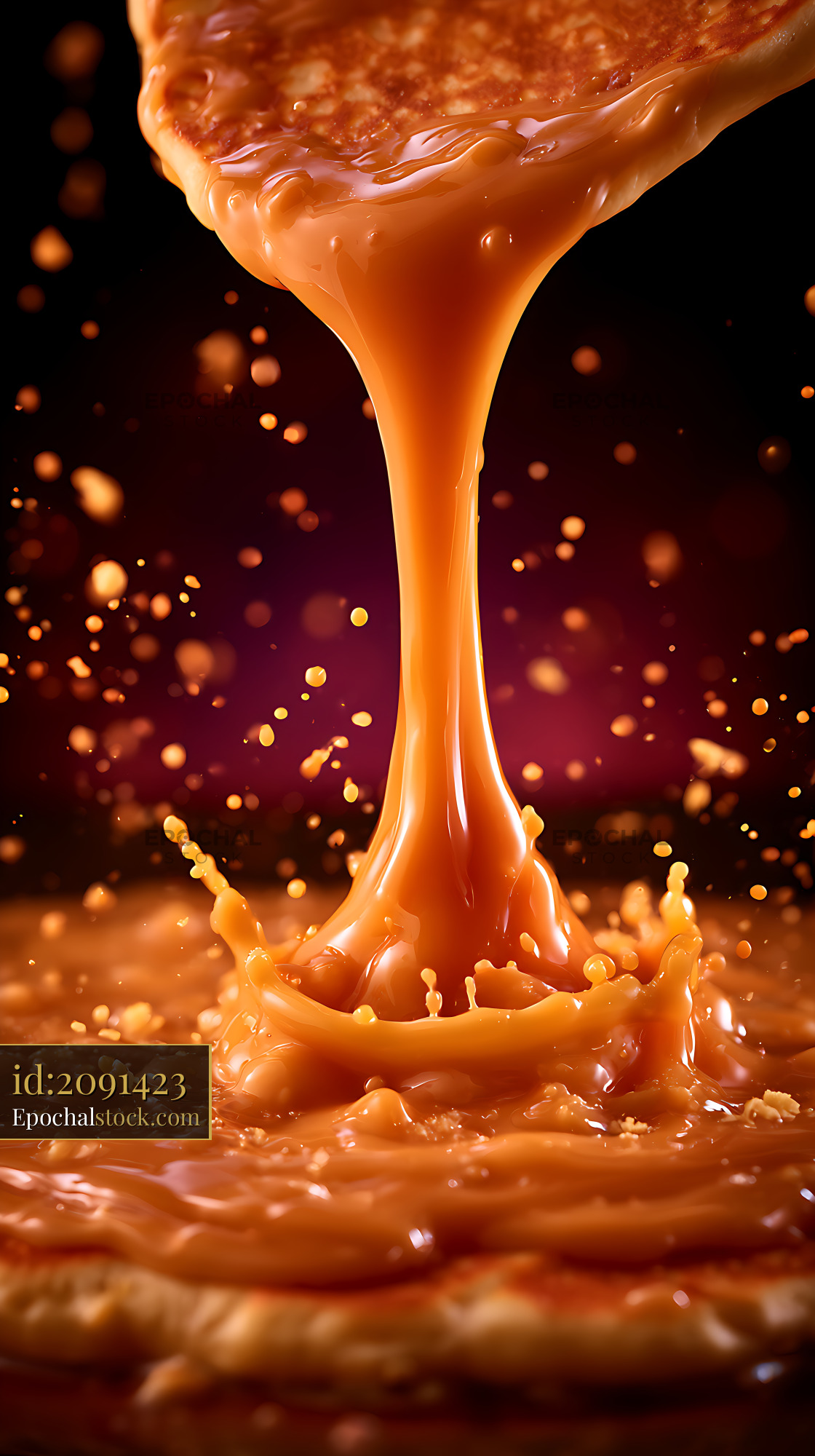 Watermarked full-resolution preview of Caramel pouring and splashing over a dessert surface