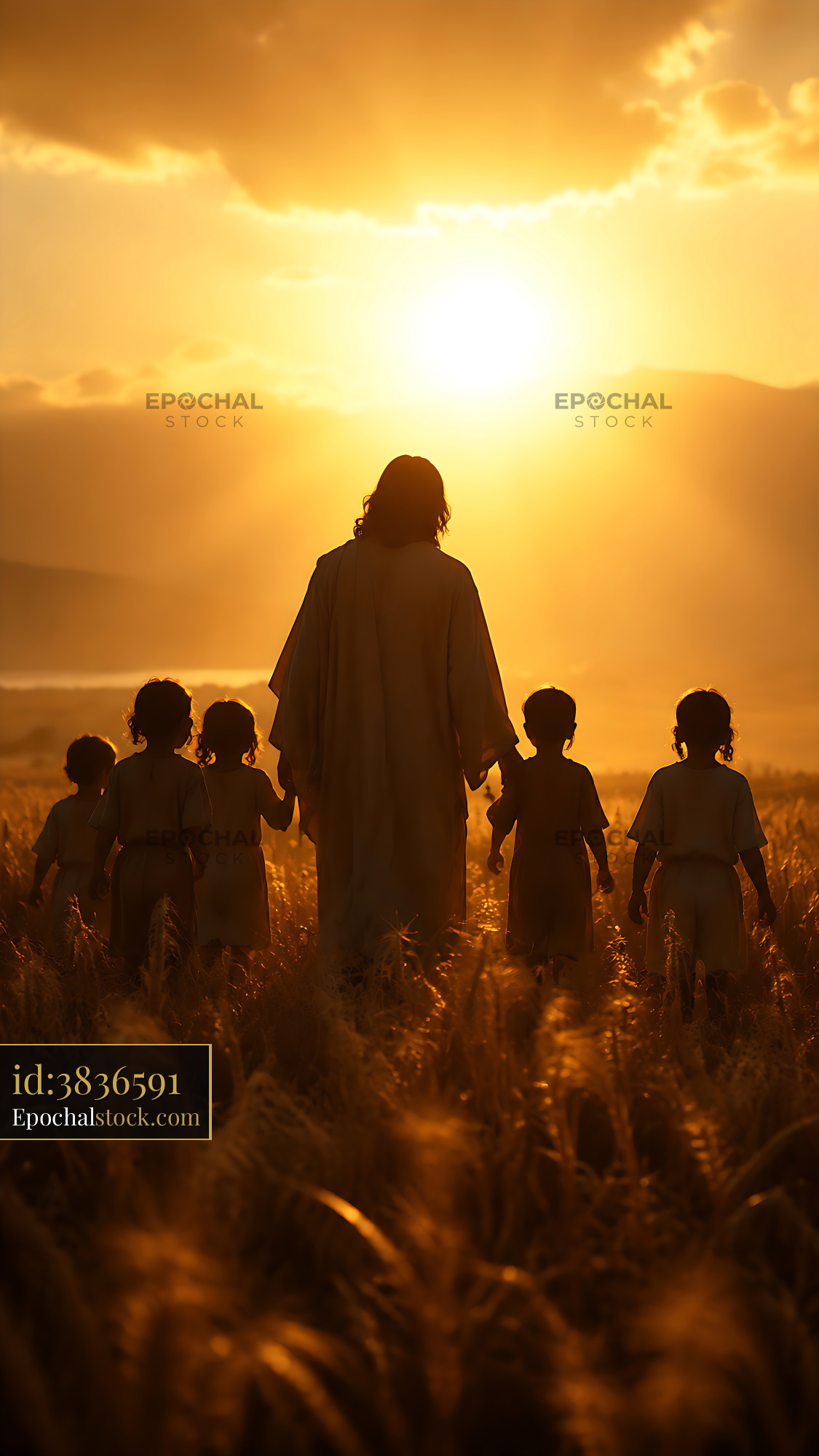 Watermarked full-resolution preview of Walking in the fields at sunset with children