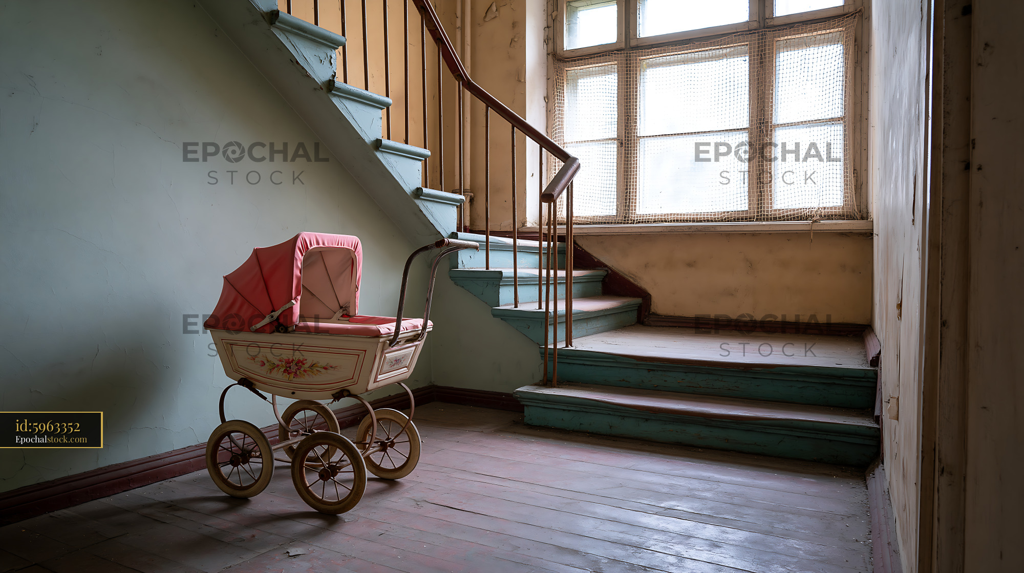 Watermarked full-resolution preview of Old baby stroller beside wooden stairs in empty building