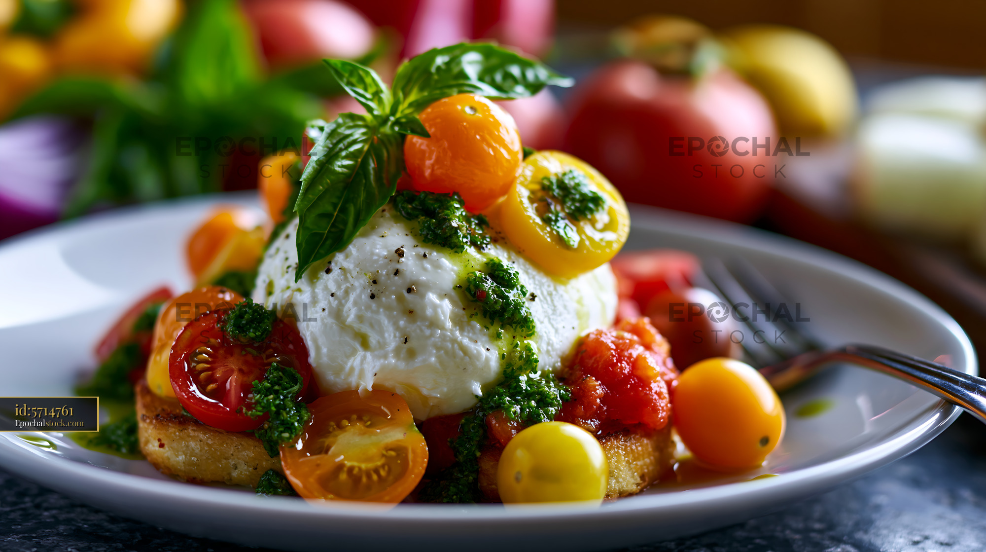Watermarked full-resolution preview of Fresh burrata salad with colorful tomatoes and pesto