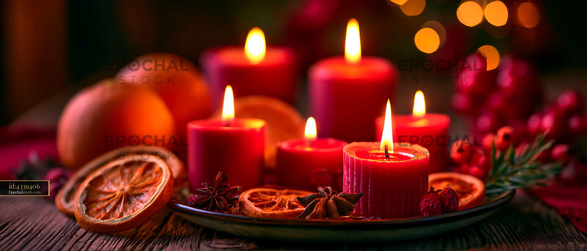 Watermarked full-resolution preview of Glowing red candles with dried oranges and berries