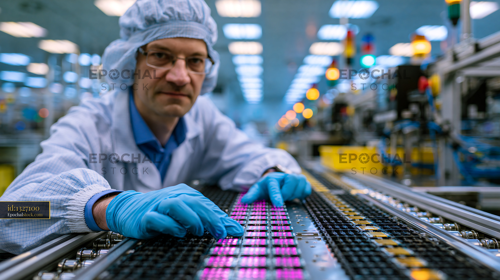 Watermarked full-resolution preview of Worker assembling electronics in a factory setting