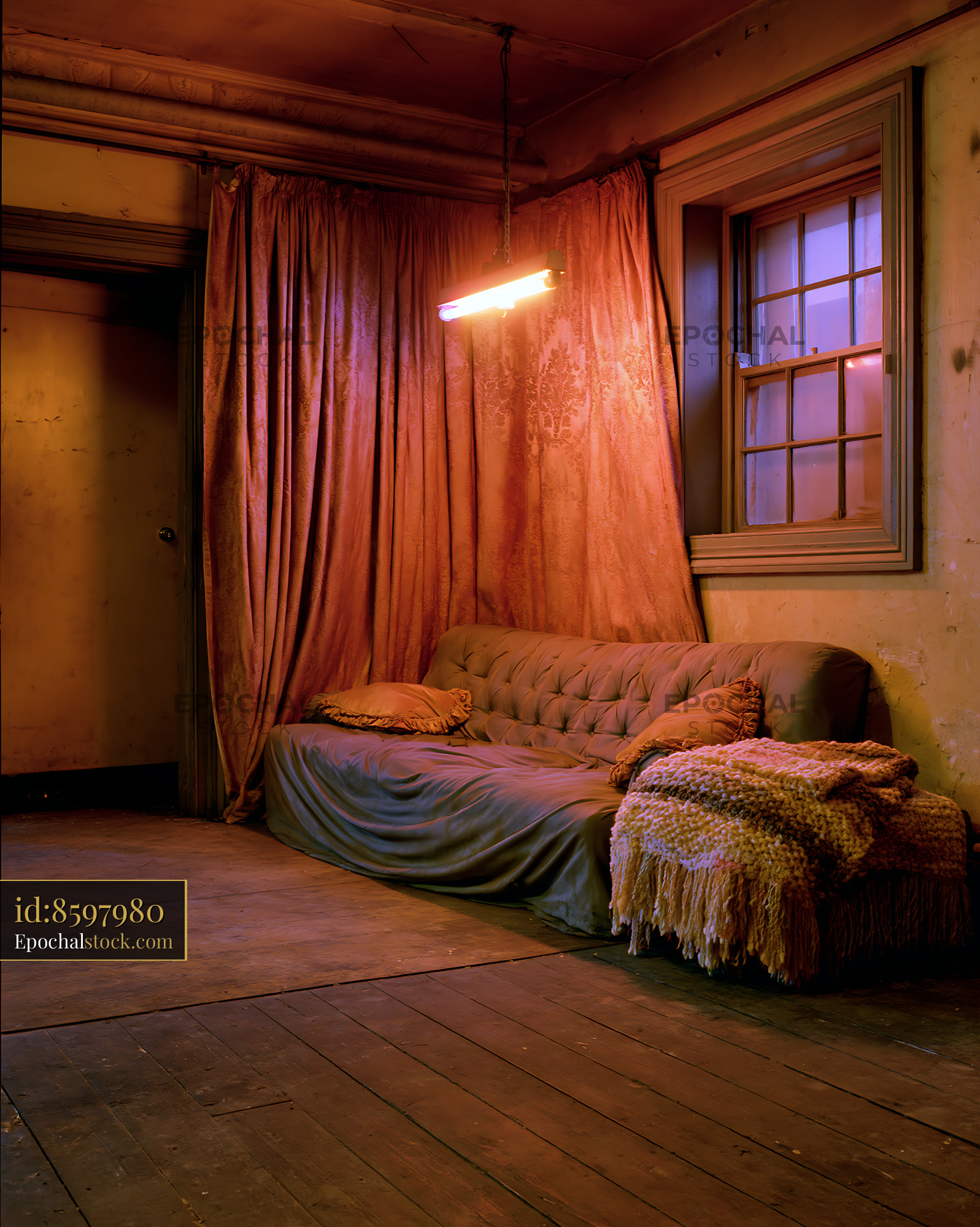 Communal Flat Room Interior With Curtain and Couch - stock photo