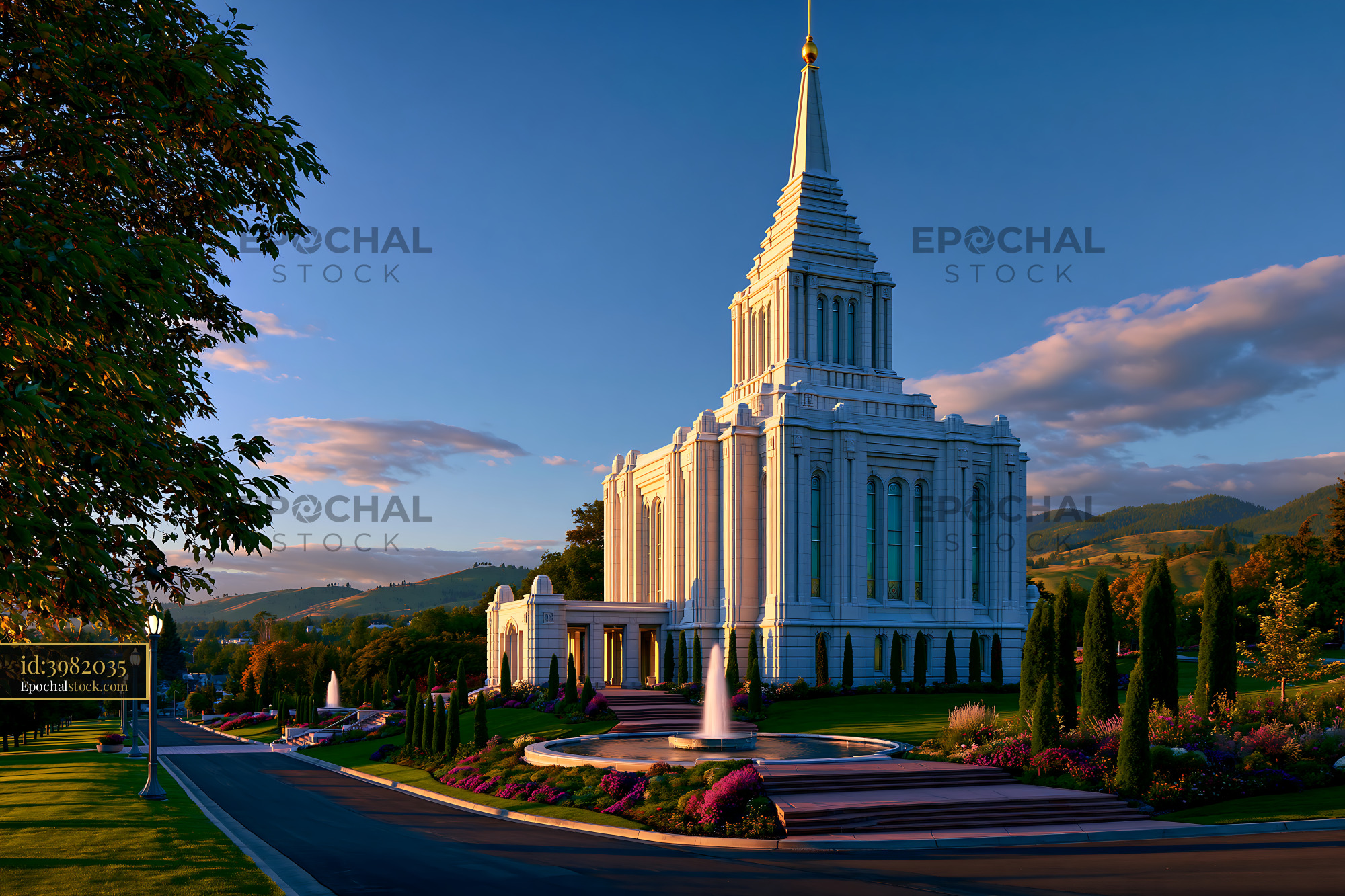 Watermarked full-resolution preview of Grand white temple and fountain at sunset