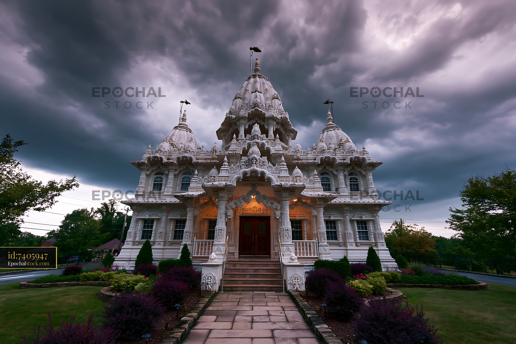 Watermarked full-resolution preview of Intricate temple structure under dark clouds