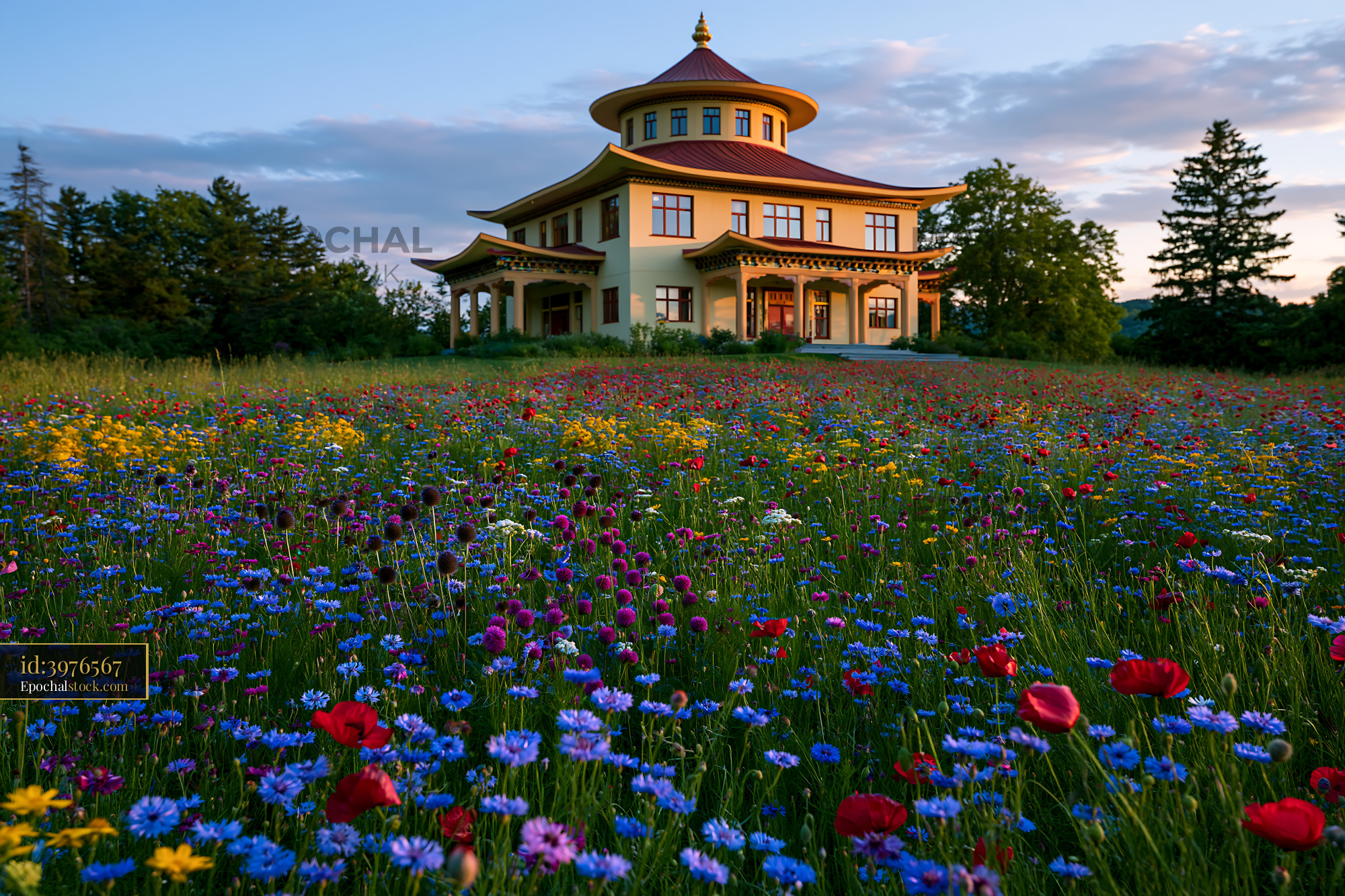 Watermarked full-resolution preview of Colorful wildflower field with a building in the background