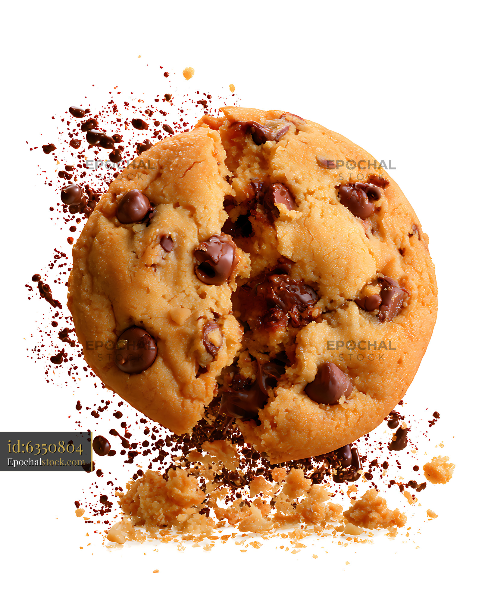 Watermarked full-resolution preview of Close-up chocolate chip cookie with scattered crumbs
