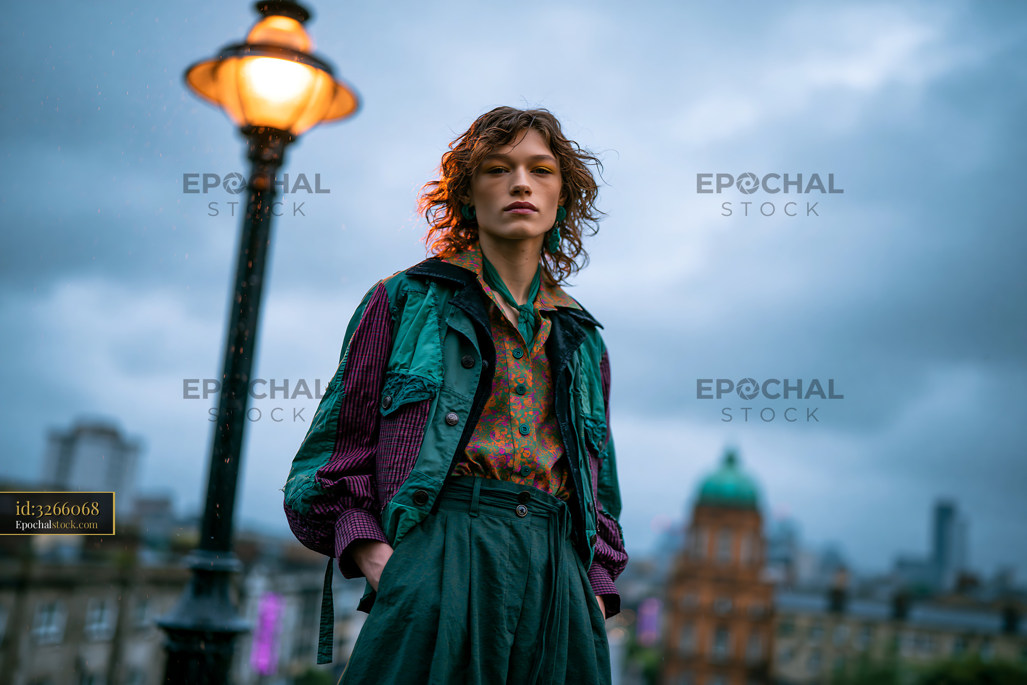 Watermarked full-resolution preview of Model stands under a street lamp in the city during twilight