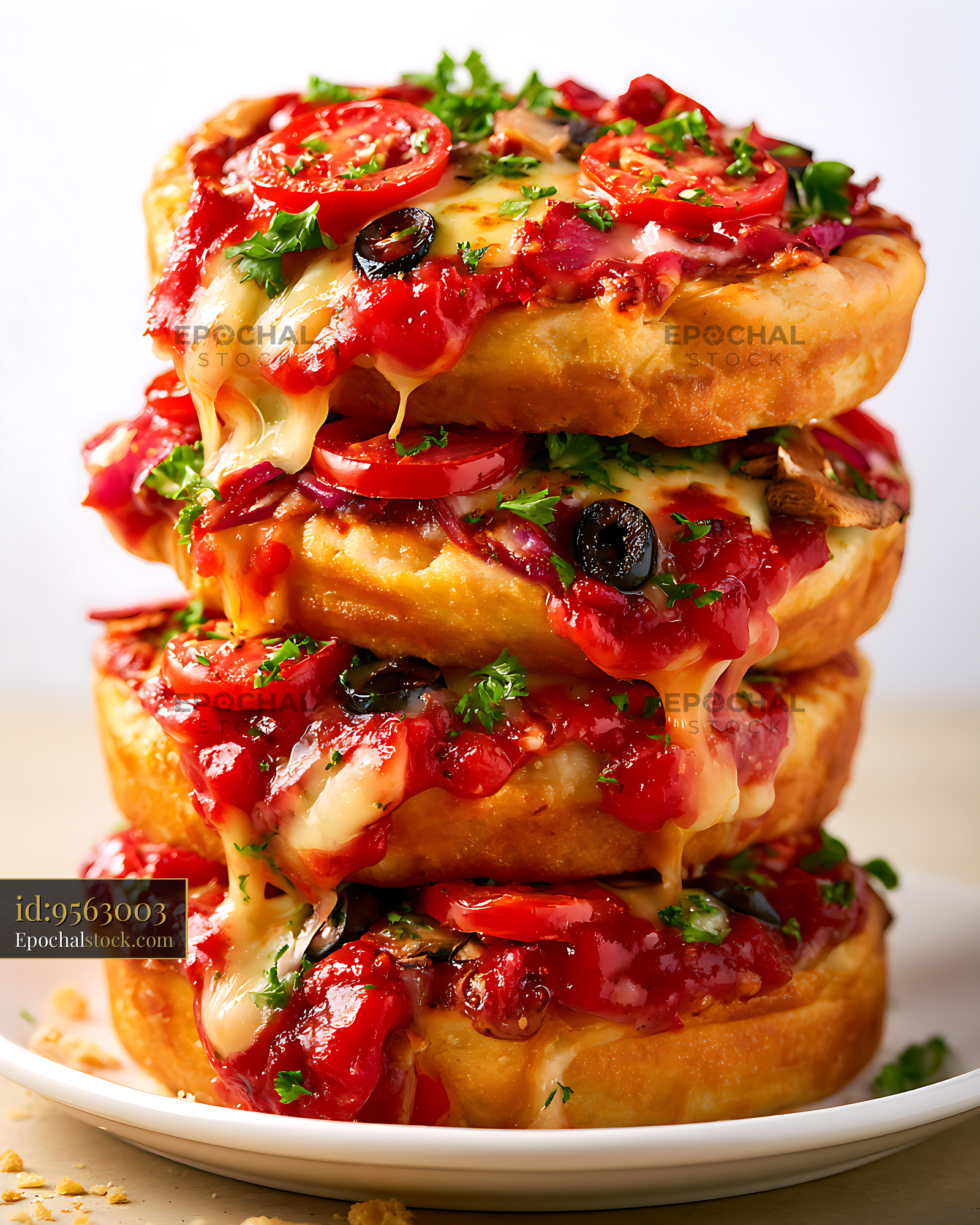 Watermarked full-resolution preview of Three toasted sandwiches layered with melted cheese and vegetables