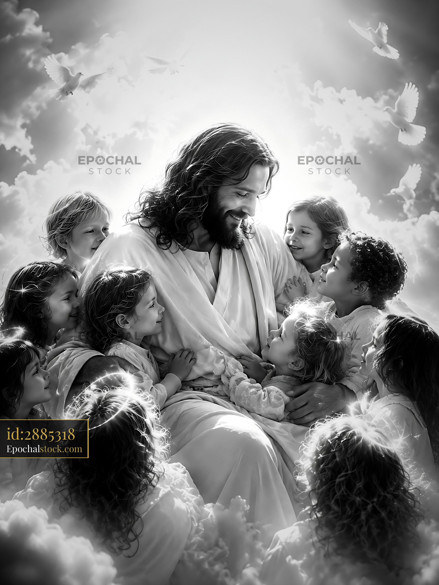Watermarked full-resolution preview of Children gather around figure in a bright atmosphere