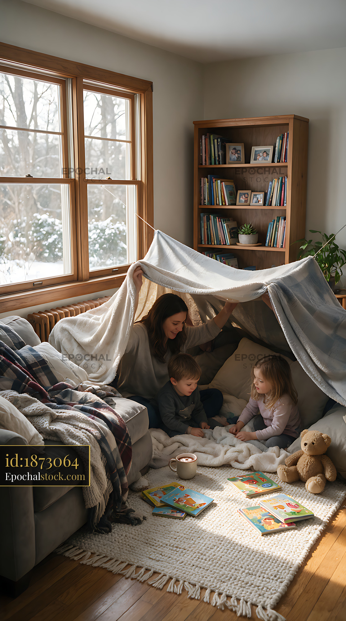Watermarked full-resolution preview of Family building a cozy blanket fort indoors