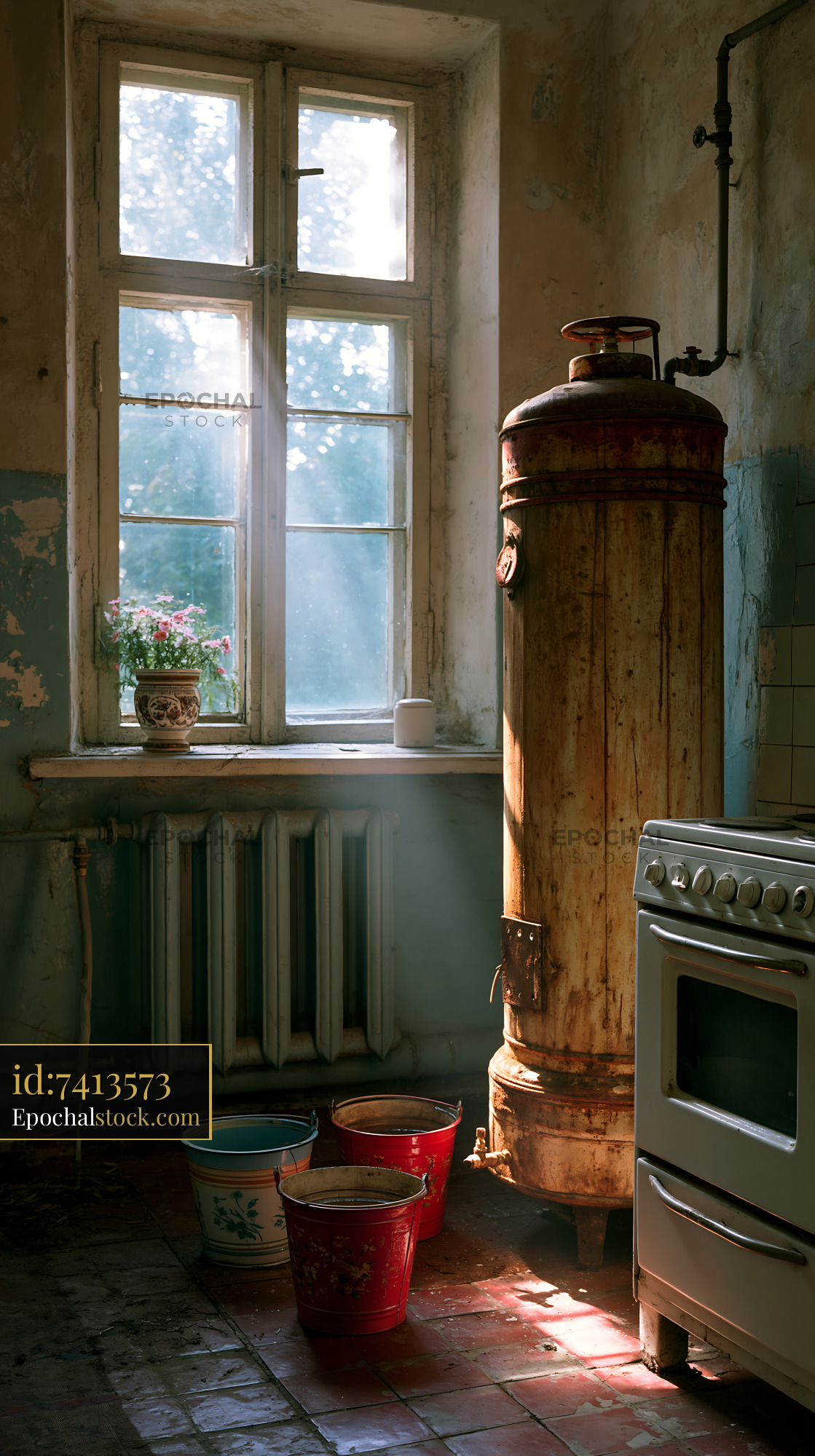 Old Kitchen With Rusty Gas Water Heater and Sunlight - stock photo