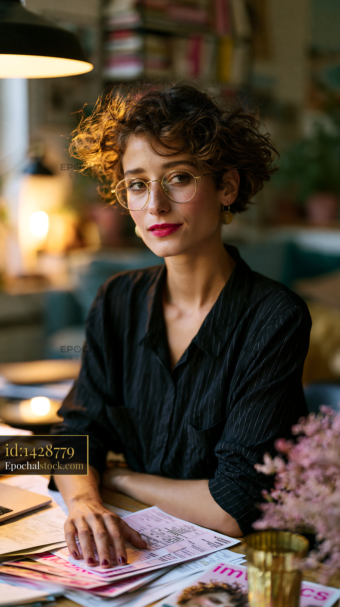 Watermarked full-resolution preview of Woman with curly hair sitting at a desk in a cozy workspace