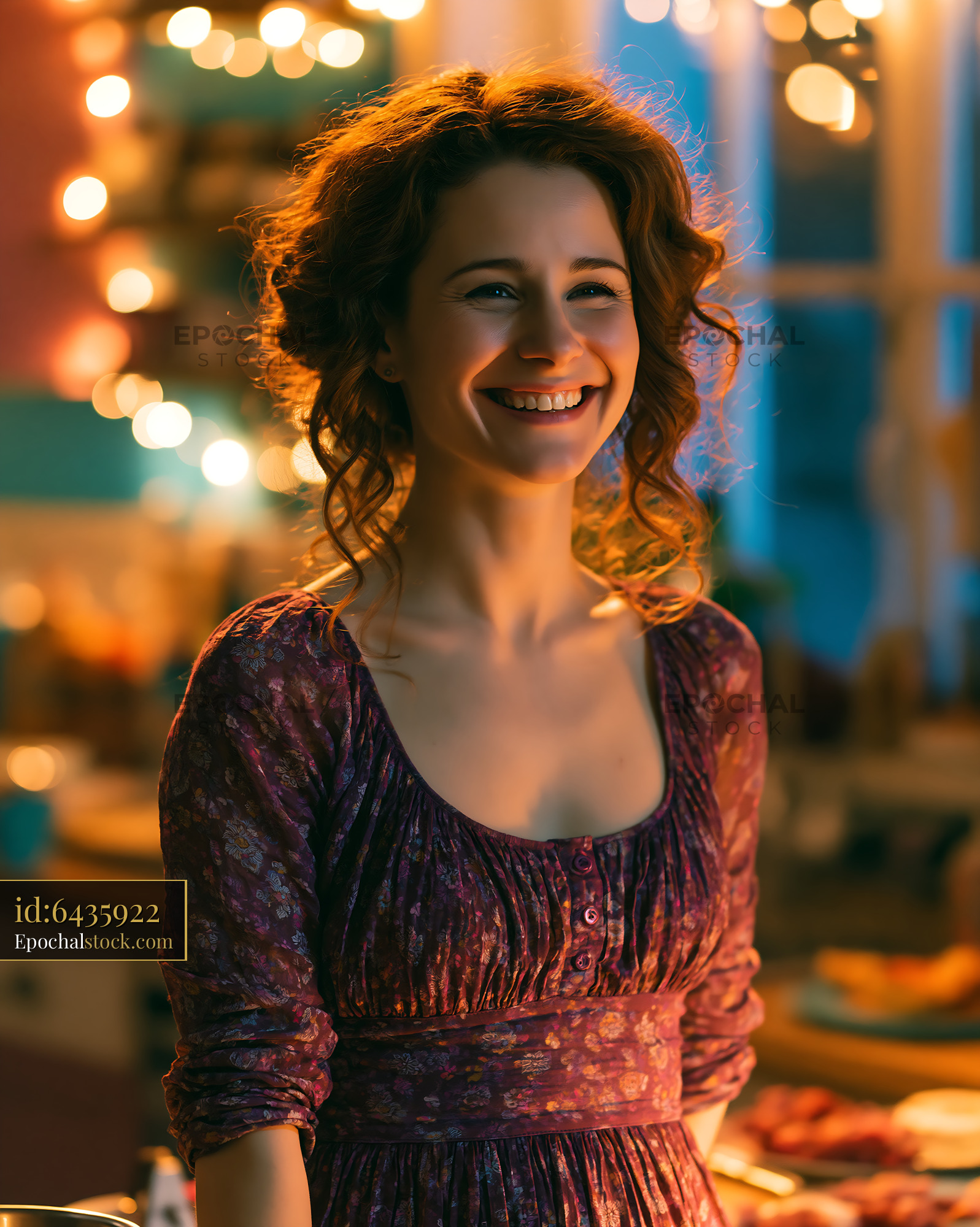 Watermarked full-resolution preview of Smiling woman in a festive kitchen setting