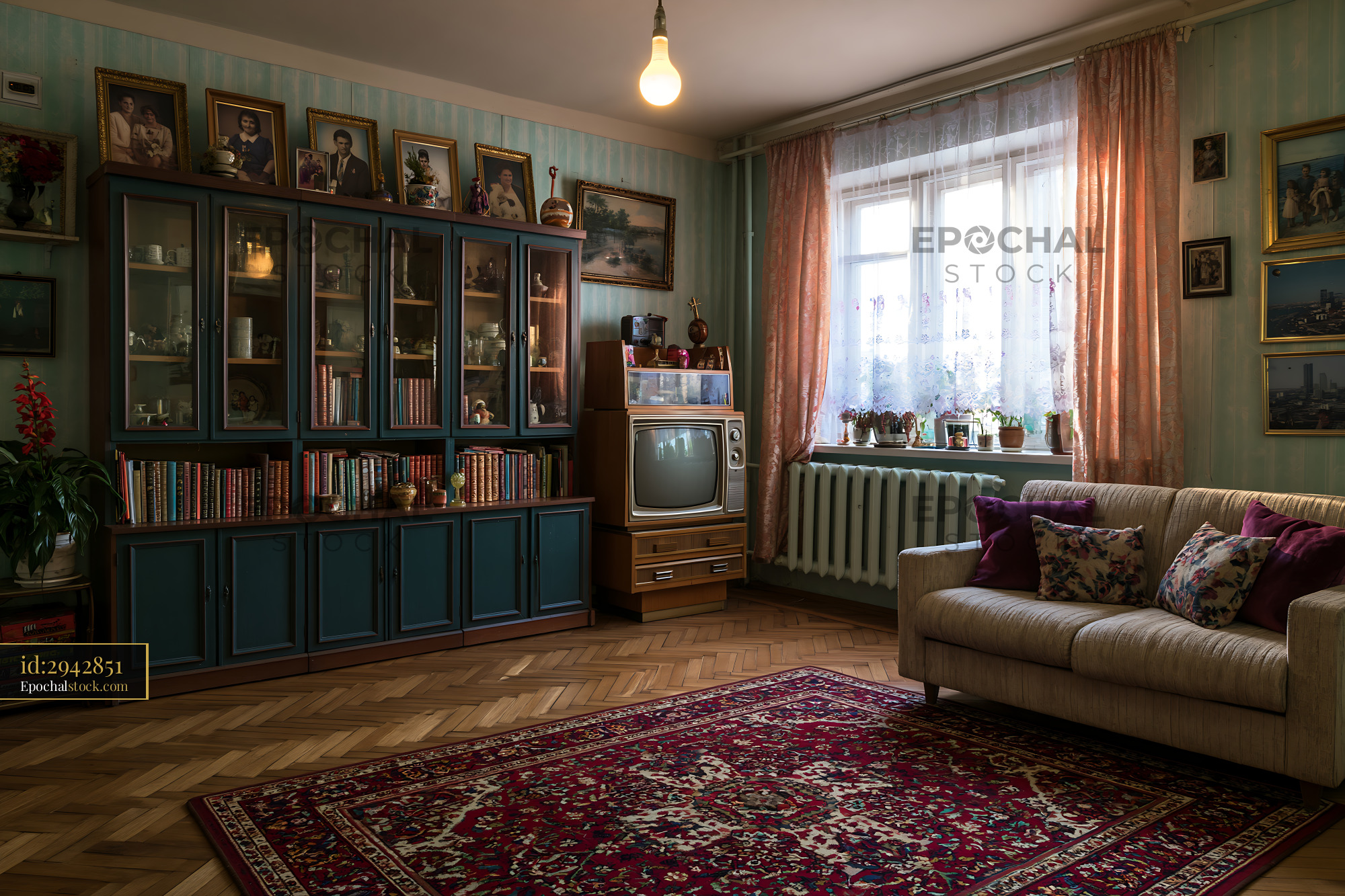 Watermarked full-resolution preview of Retro living room with vintage furniture and decor