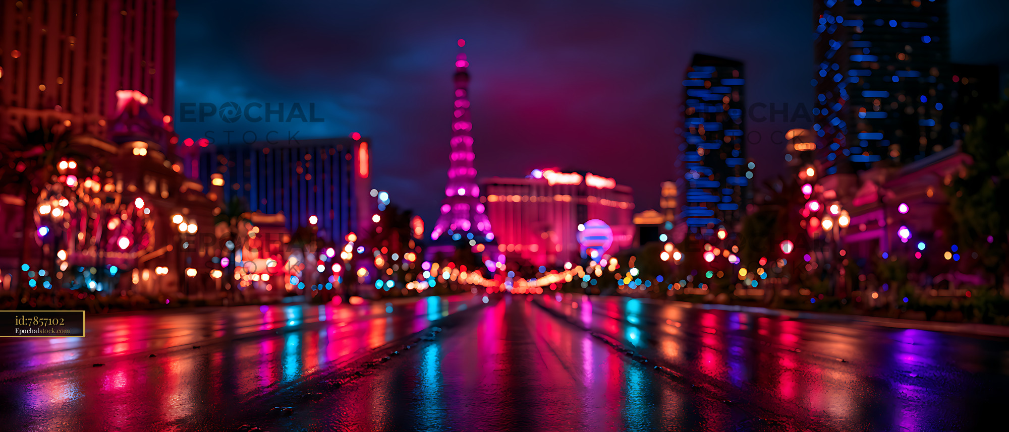 Watermarked full-resolution preview of Vibrant illuminated city street after rain