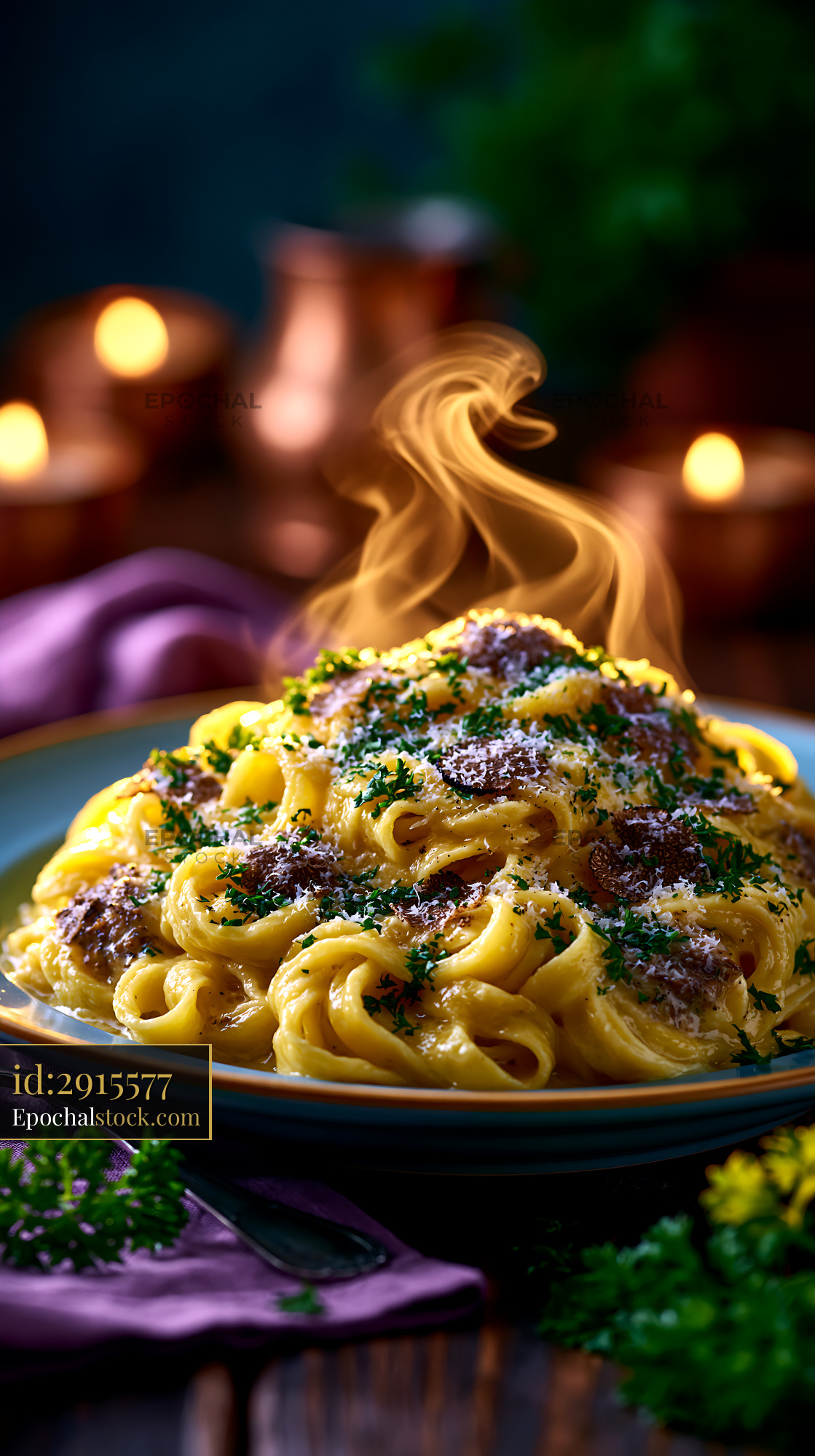 Watermarked full-resolution preview of Plate of hot pasta garnished with herbs and cheese
