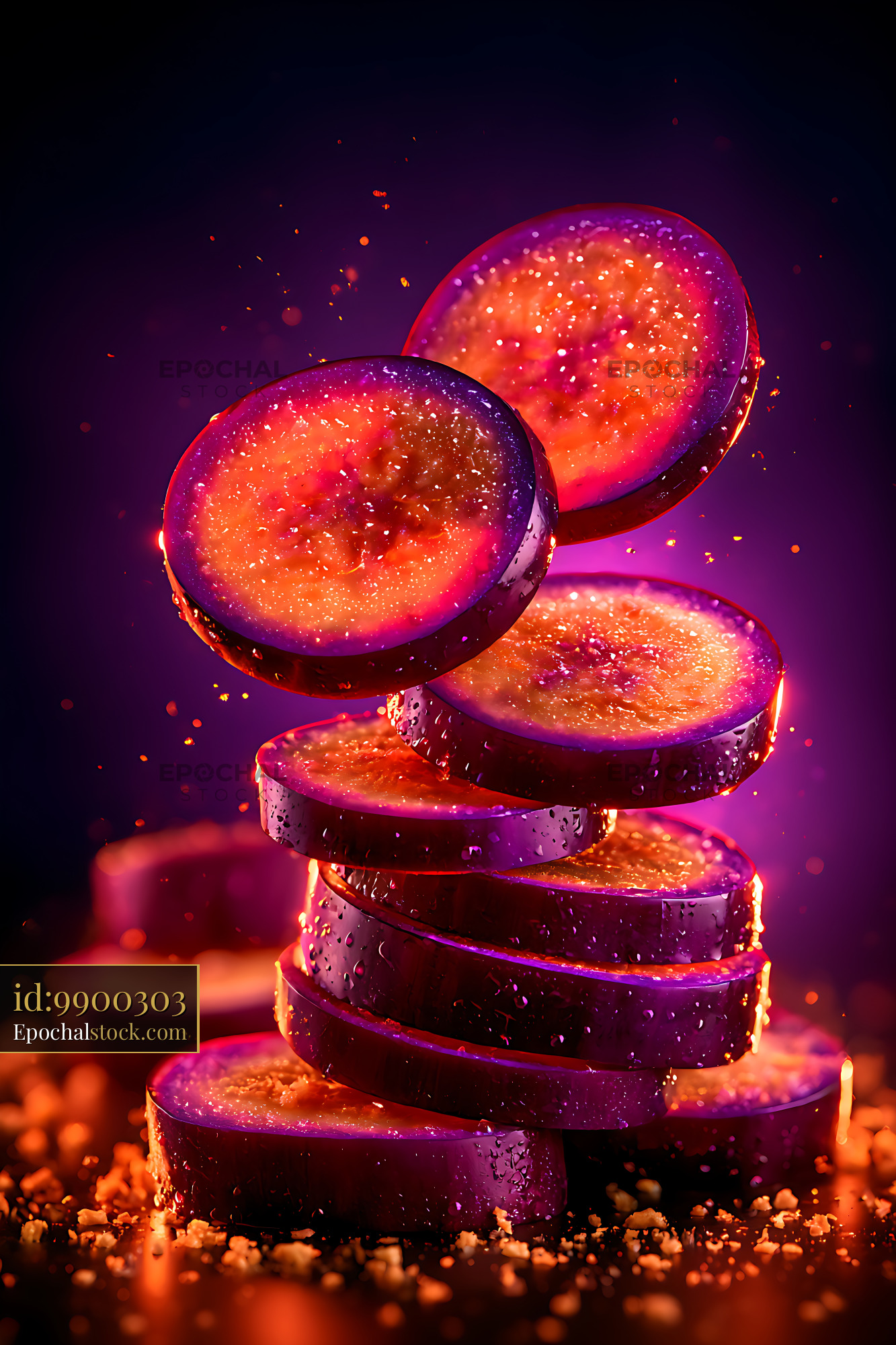 Watermarked full-resolution preview of Vibrant stacked purple fruit slices in dramatic lighting