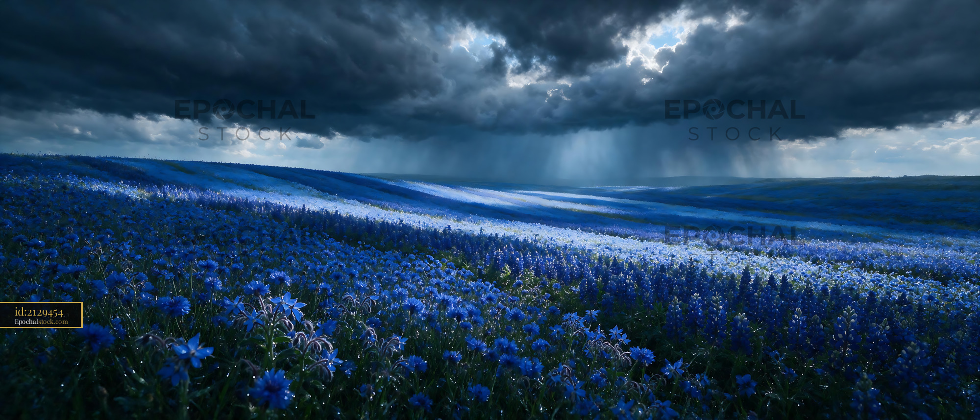 Watermarked full-resolution preview of Vast blue flower field under dark clouds with sun rays