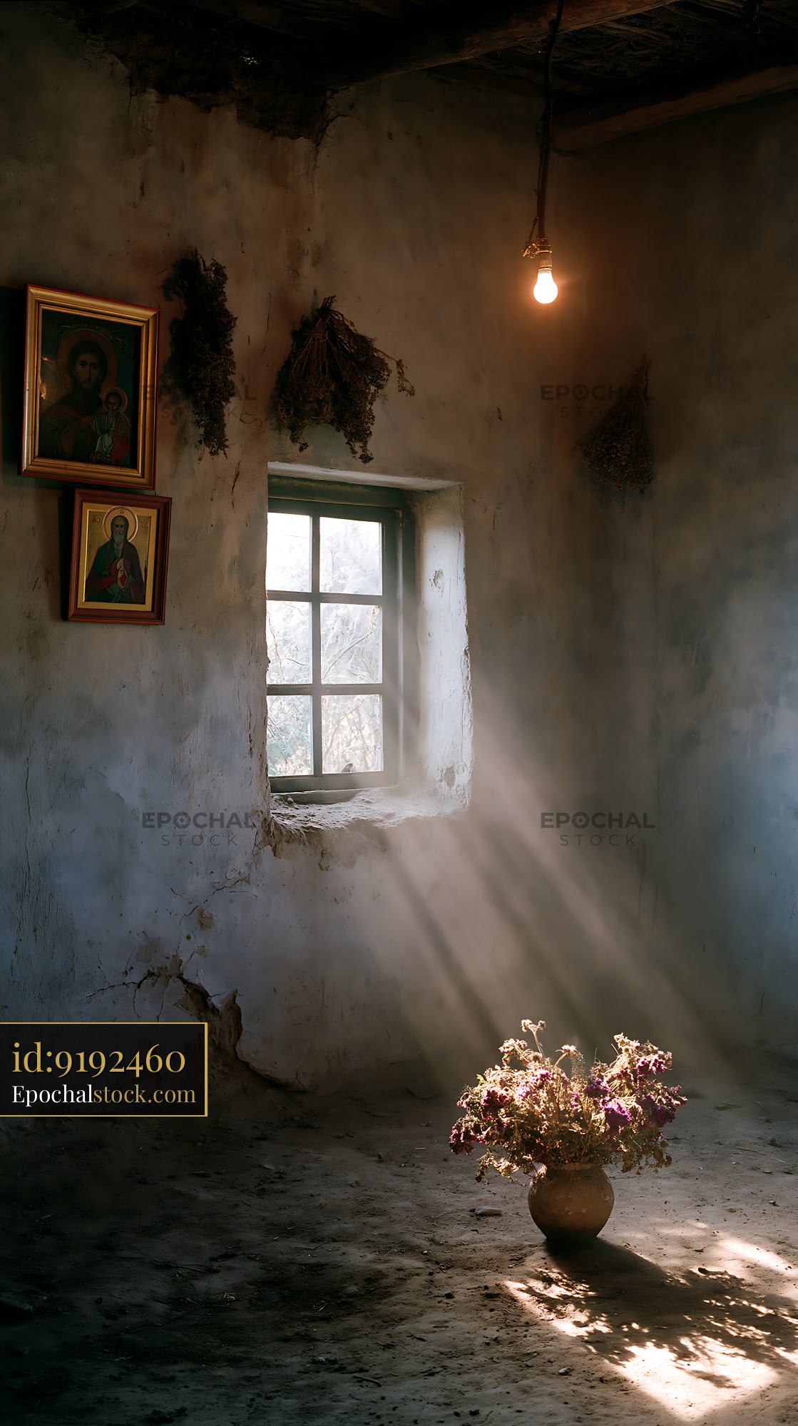 Watermarked full-resolution preview of Sunlight streaming through a window in a rustic room with a vase