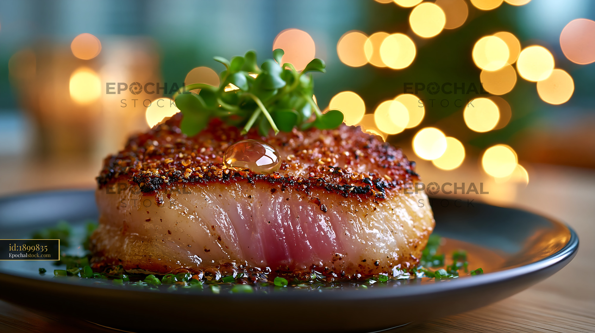 Watermarked full-resolution preview of Cooked fish fillet on a black plate with green garnish