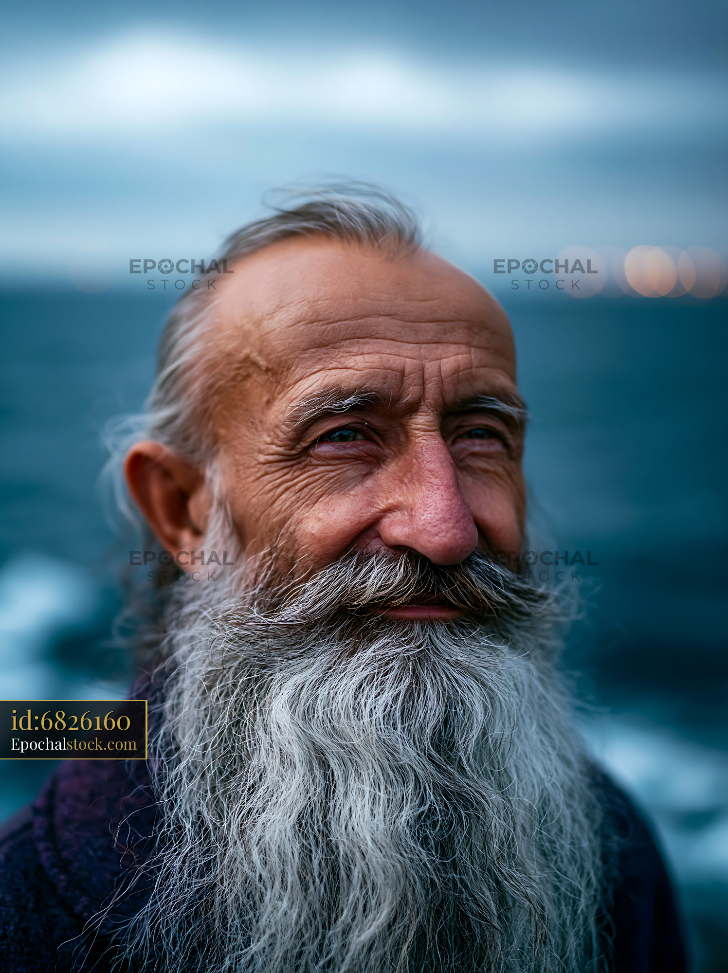 Watermarked full-resolution preview of Elderly man with a long beard smiling by the sea
