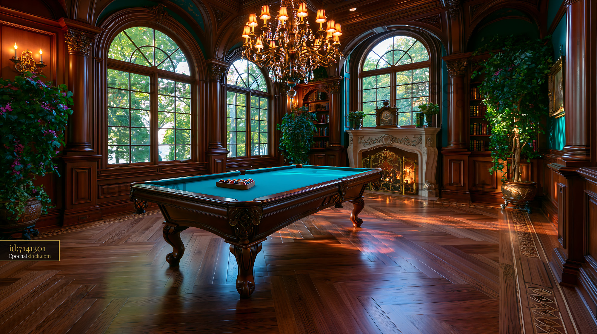 Watermarked full-resolution preview of Elegant billiard room with large windows and wooden accents