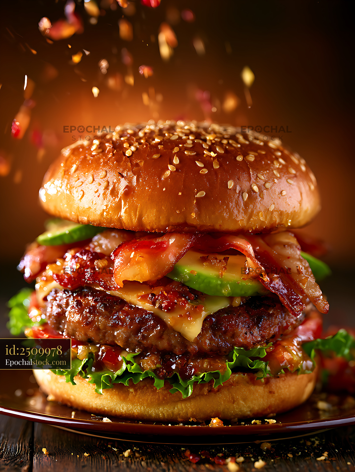 Watermarked full-resolution preview of Loaded bacon cheeseburger in dramatic warm light