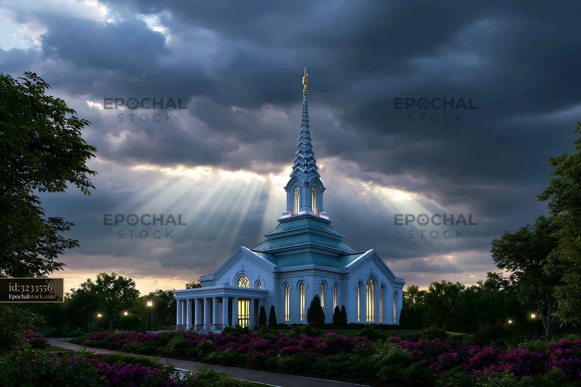 Watermarked full-resolution preview of Church steeple and sunbeams under dark clouds