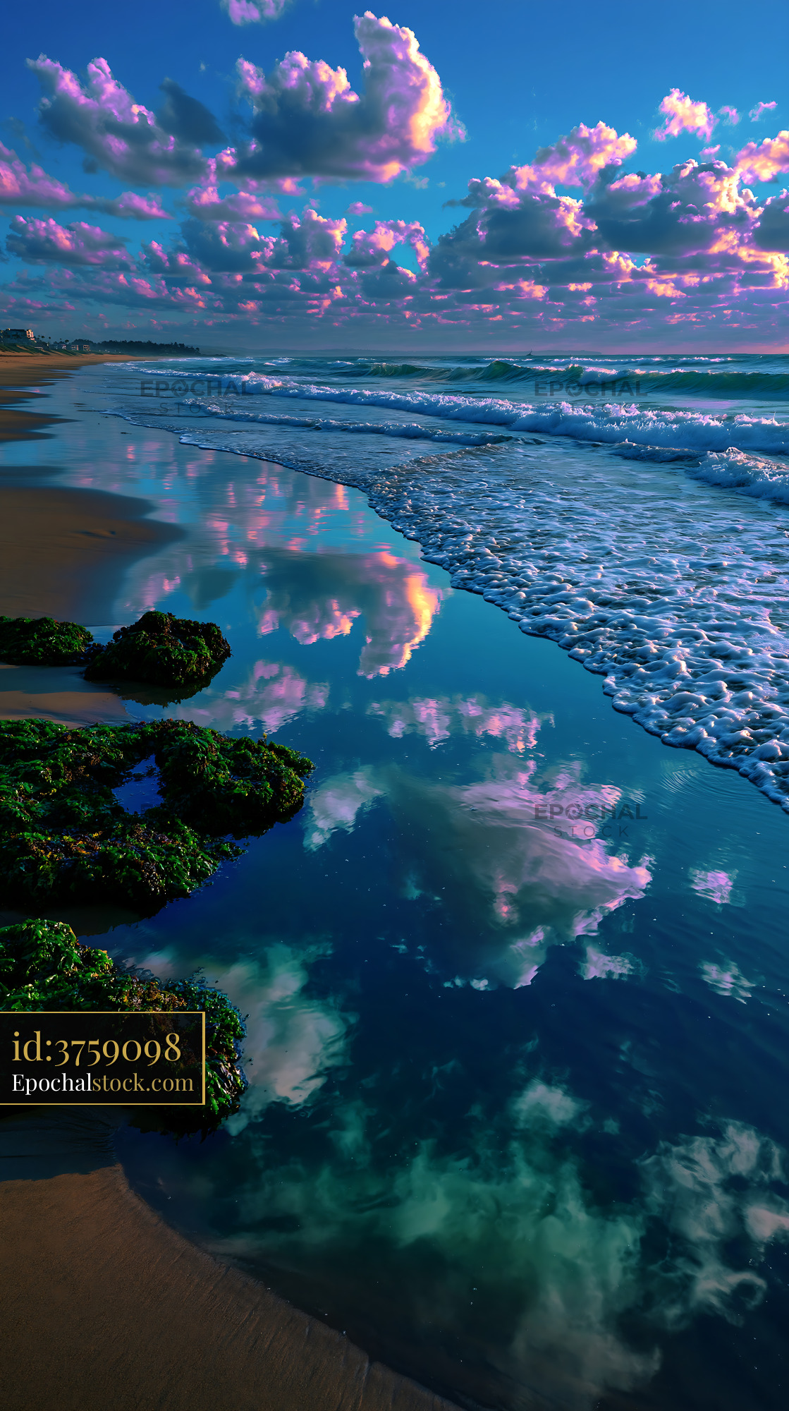 Watermarked full-resolution preview of Sunset over ocean with rocks and clouds reflecting on water