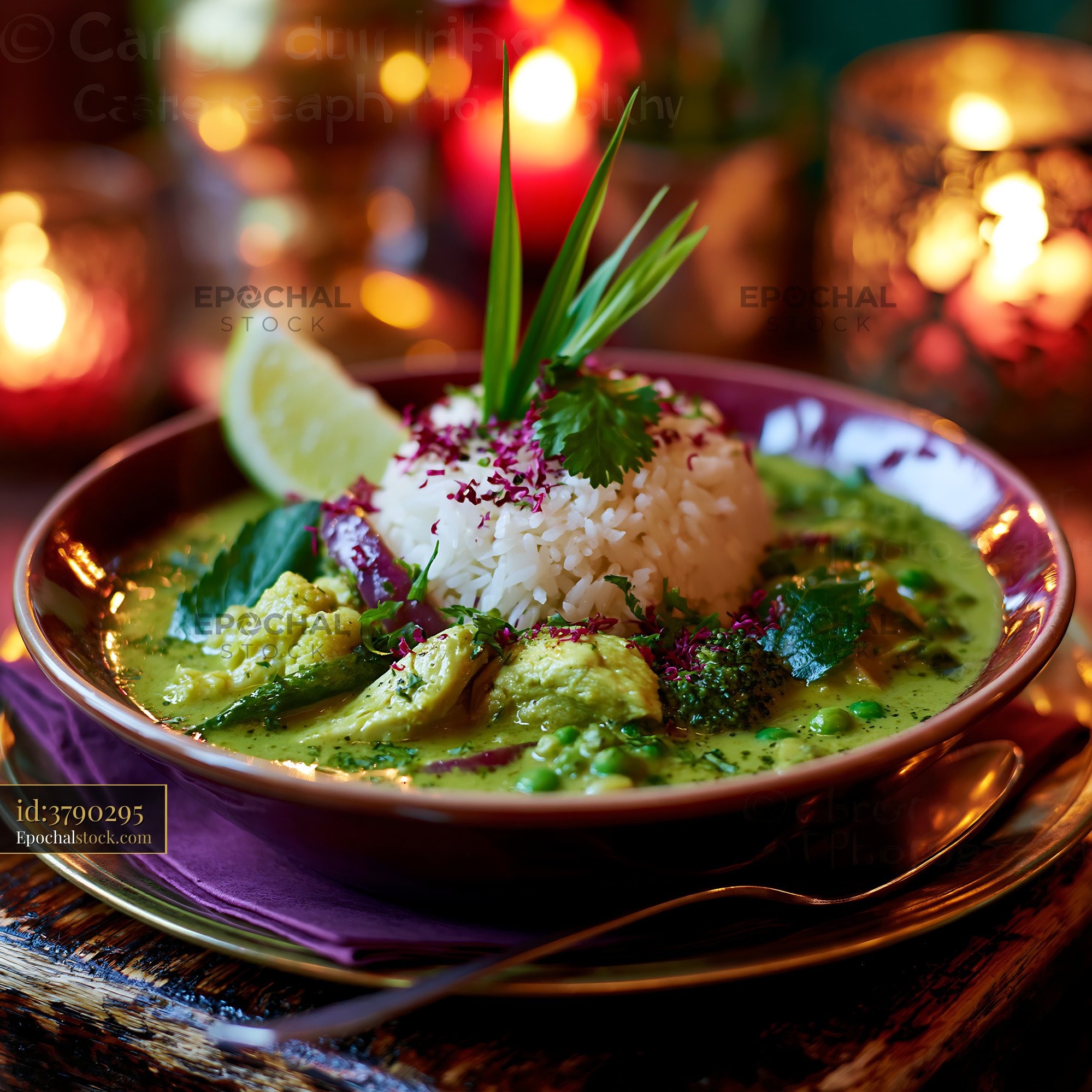 Watermarked full-resolution preview of Bowl of green curry with rice and herbs on a table